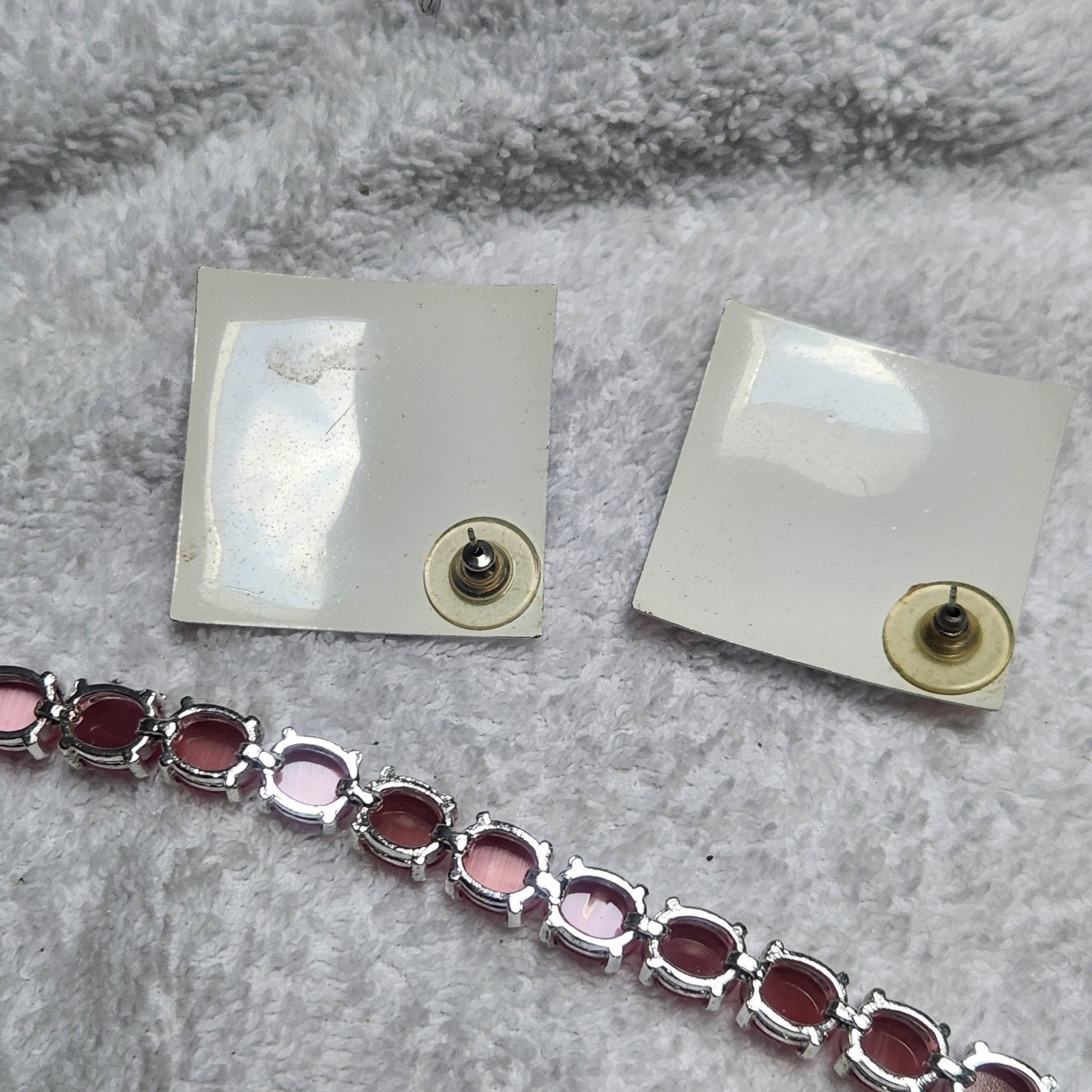 Avon Pink Cats Eye Bracelet and Vintage 80s Multi Color Dot Square Earrings lot
