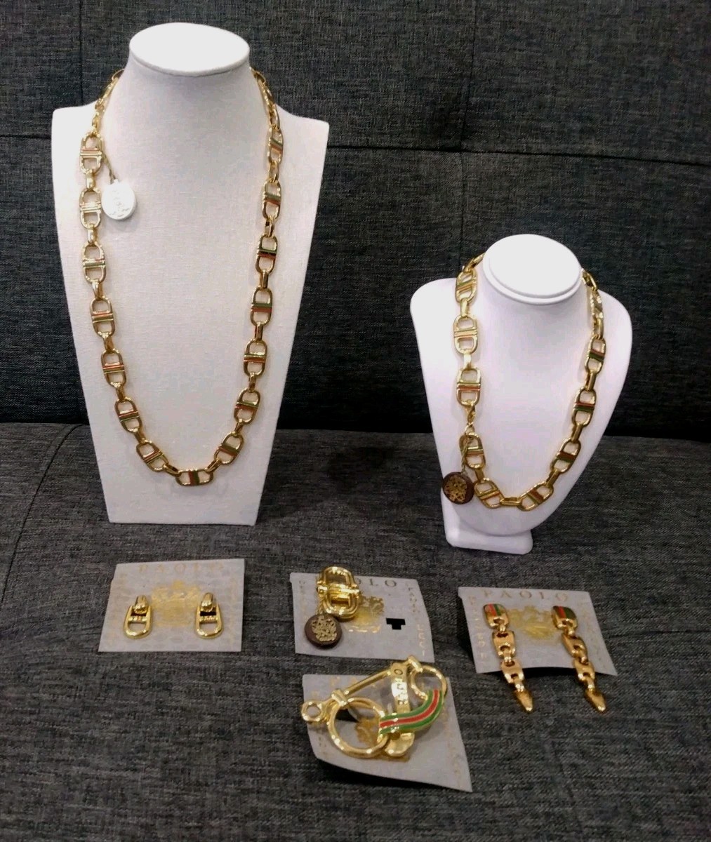 Gucci, Paolo 2 Necklaces, 2 Earrings & 2 Brooches Gold Plated Jewelry Lot Sets