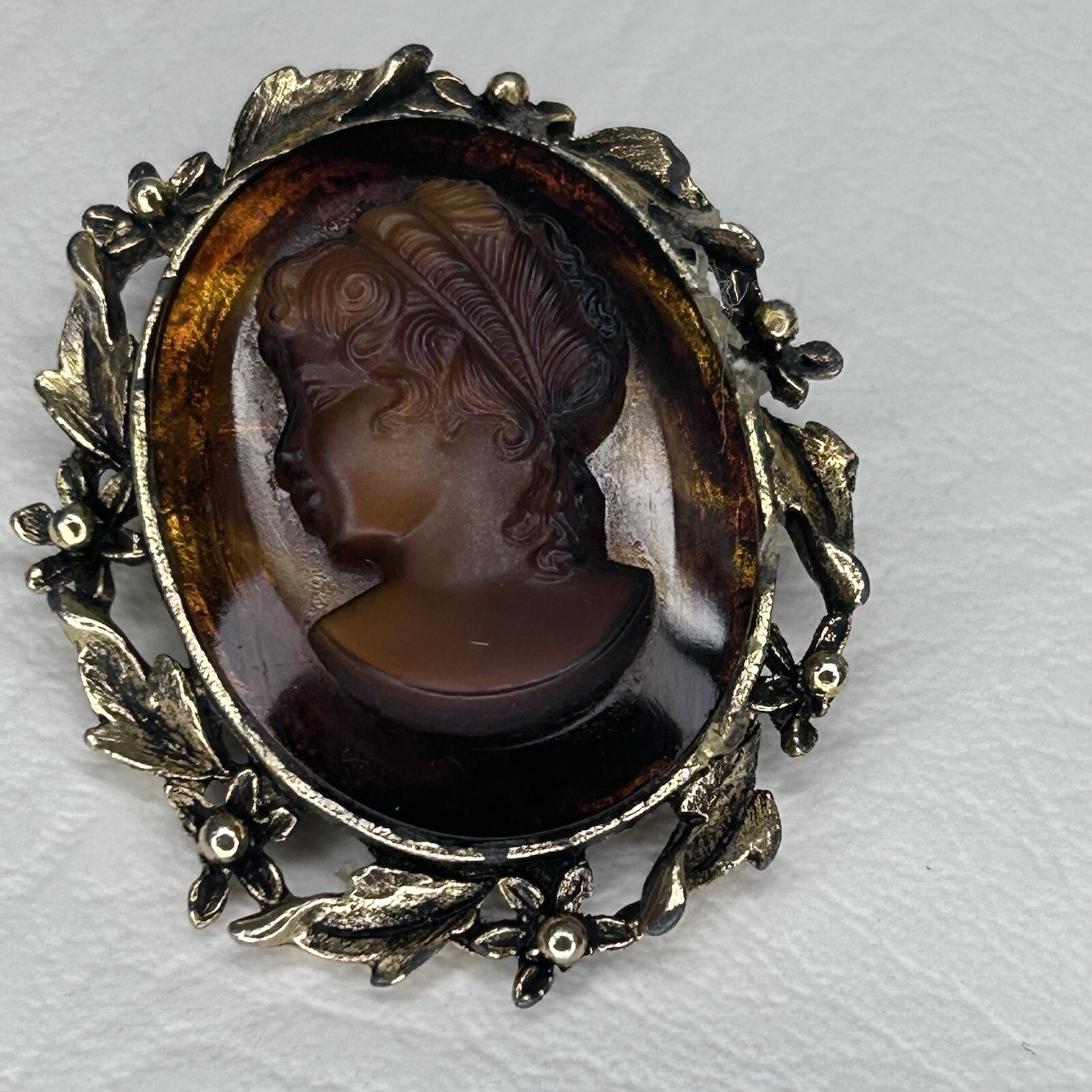 Vintage Cameo Pendant Brooch 2″ Gold Bezel Previously Repaired Read For Info.