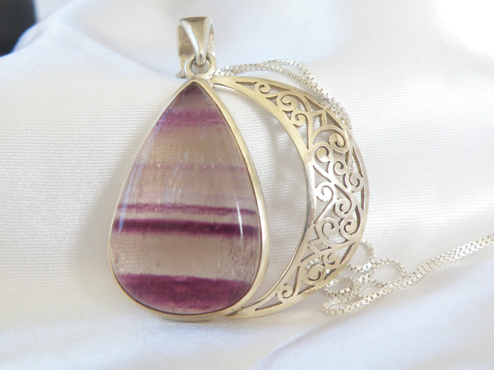 Large Sterling Silver 925 Fluorite Crescent Moon Pendant Necklace