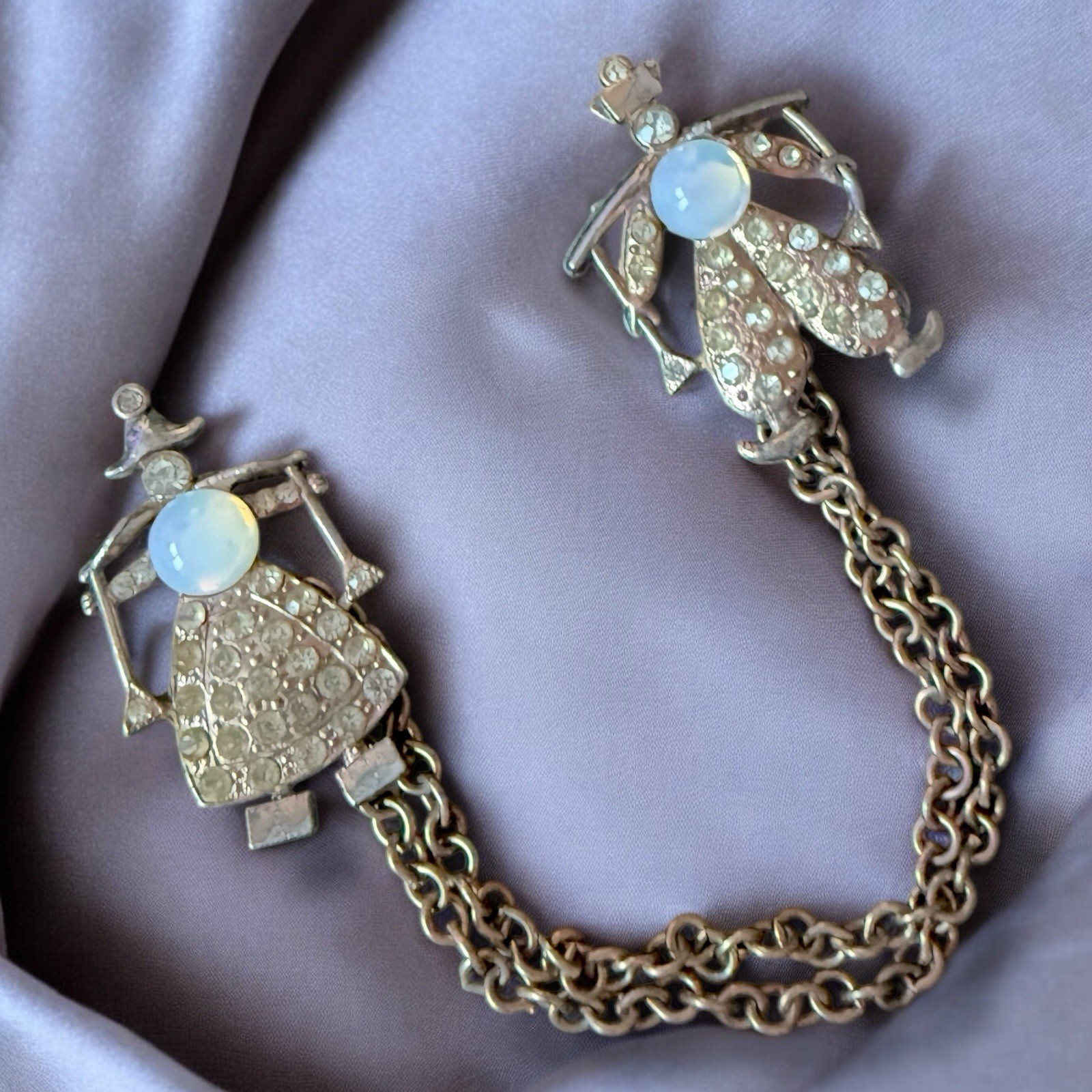Opaline Glass Chatelaine Brooch Pot Metal Dutch Boy Girl Vintage 1940s