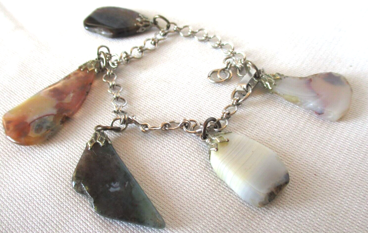 Awesome Handmade 5 Different GEMSTONE On A Silver Tone Bracelet