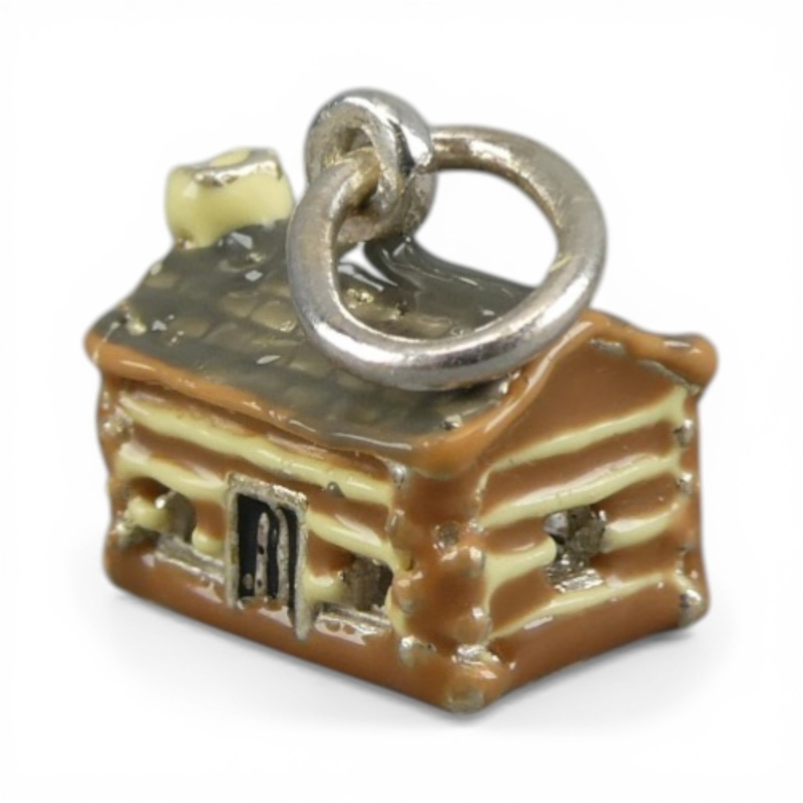 Sterling Silver Enamel Log Cabin Charm for Bracelet Brown County Vintage New