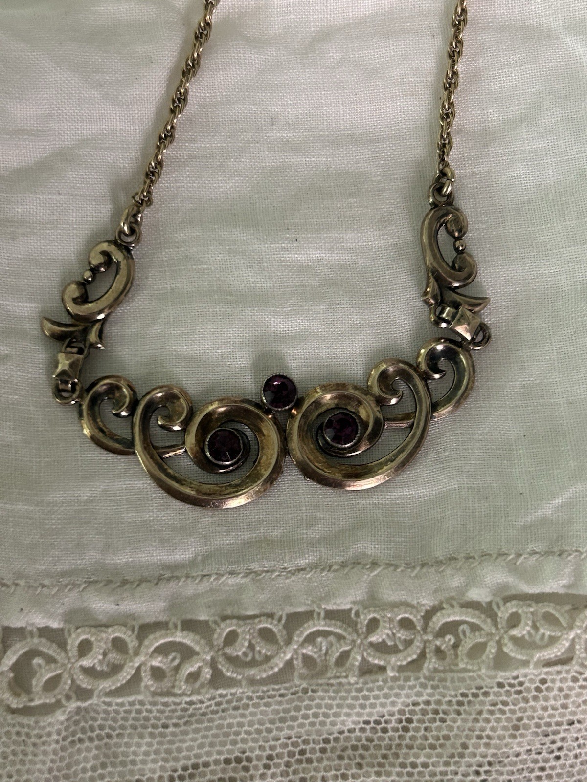Symmetalic Vintage Sterling /14k Gold Amethyst Scroll Design Necklace