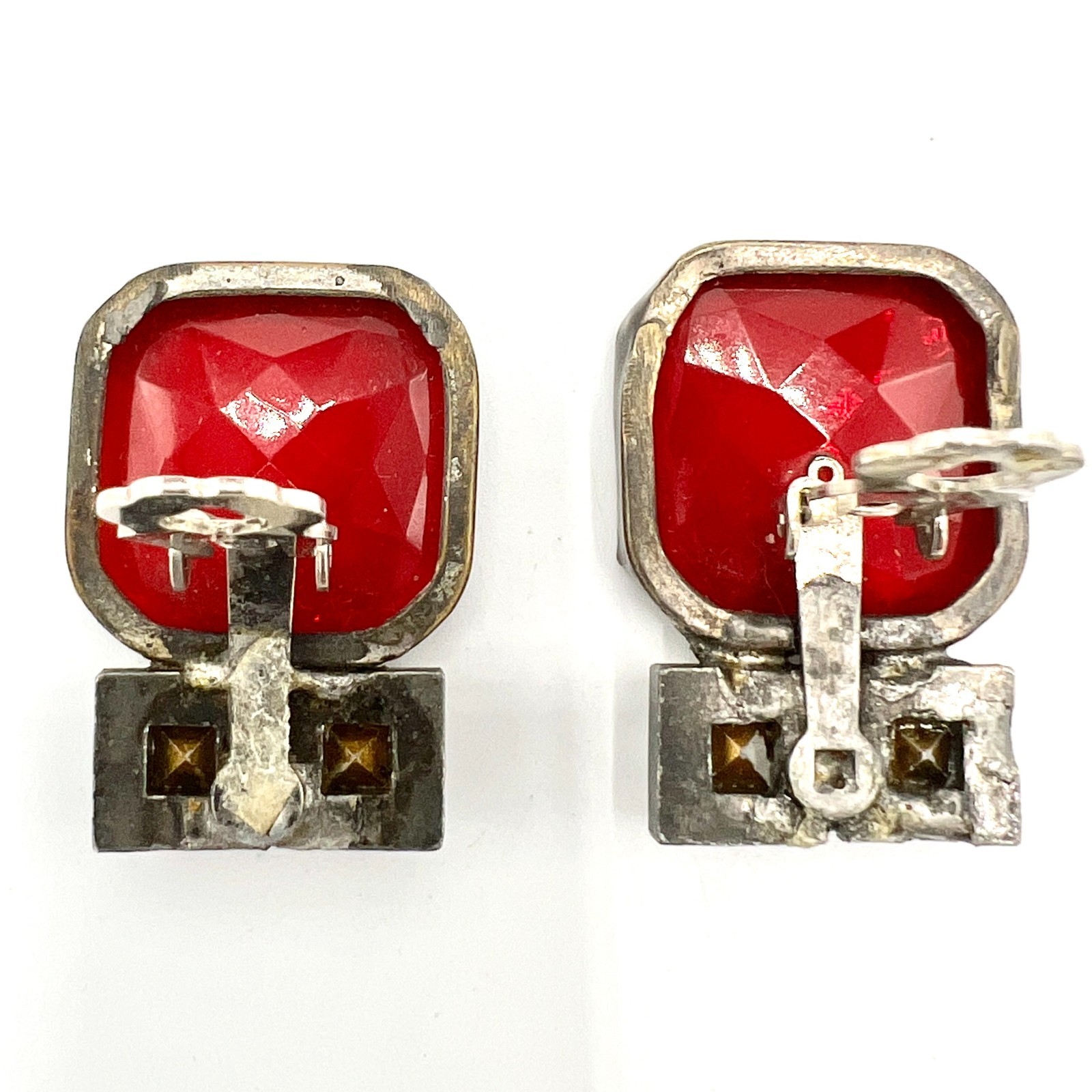 Vtg Art Deco Style Red Glass & Clear Crystal Clip-On Earrings Dramatic Geometric