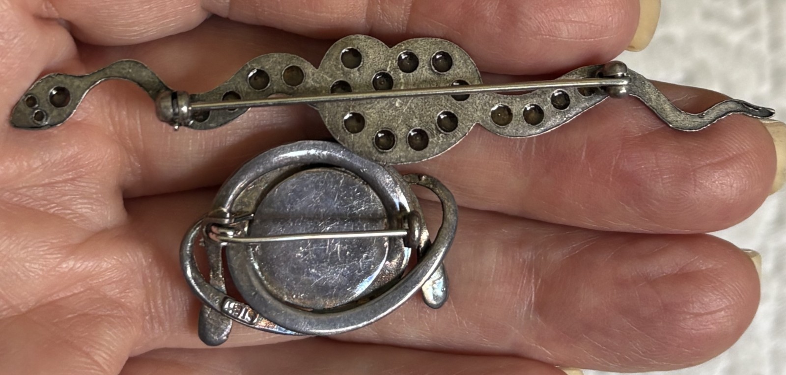 VINTAGE STERLING AND SILVER SNAKE BROOCHES (2) W/TURQUOISE AND ONE W/RHINESTONES