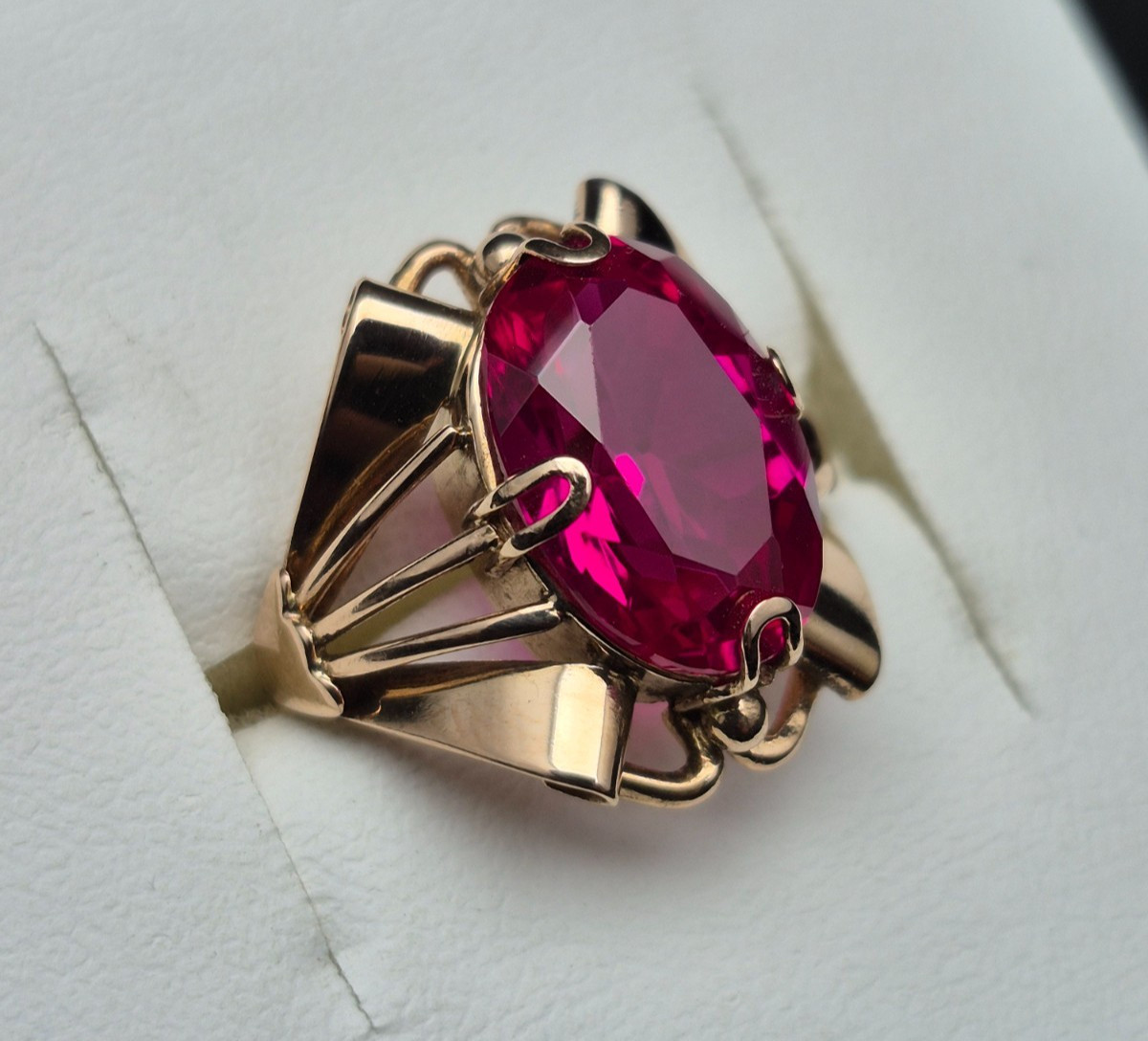 Vintage Soviet 14K Rose Gold Ring 583 with Ruby Stone • Original USSR Jewelry