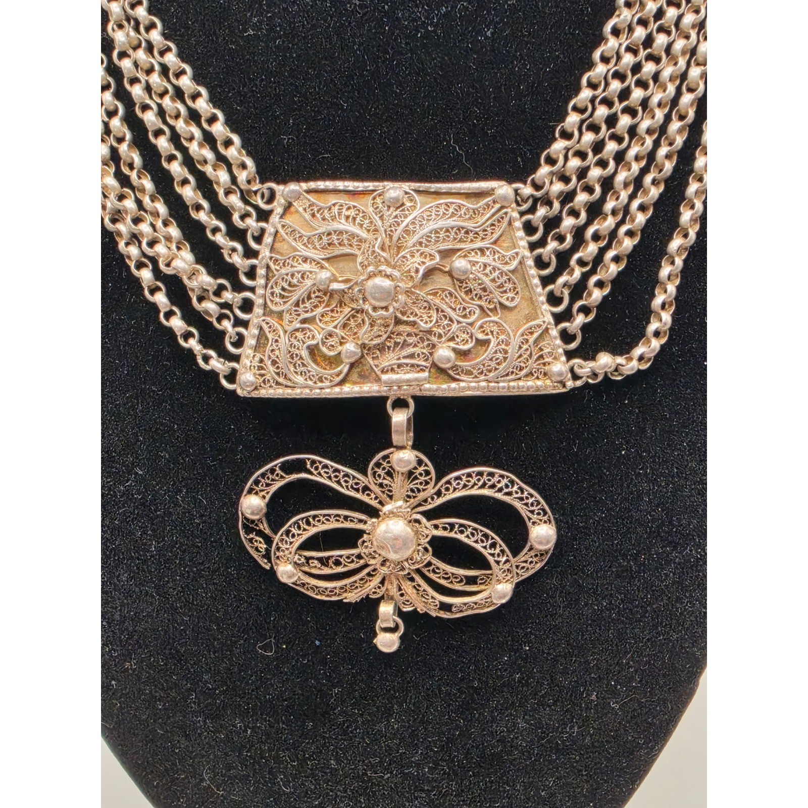 Vintage Silver Filigree Multi Strand Necklace 5 Chain Statement Piece 800 Silver
