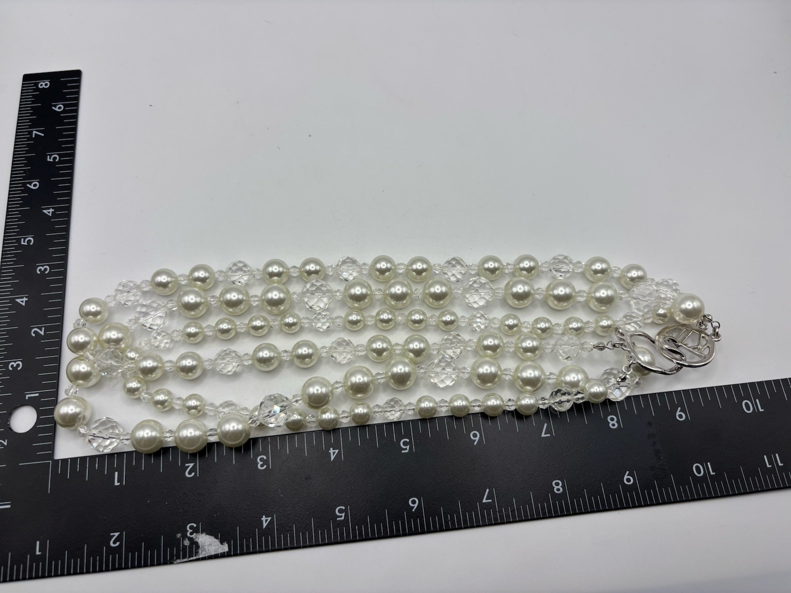 Vintage KJL Kenneth Jay Lane 3 Strand Faux Pearl Faceted Crystal Necklace 19″