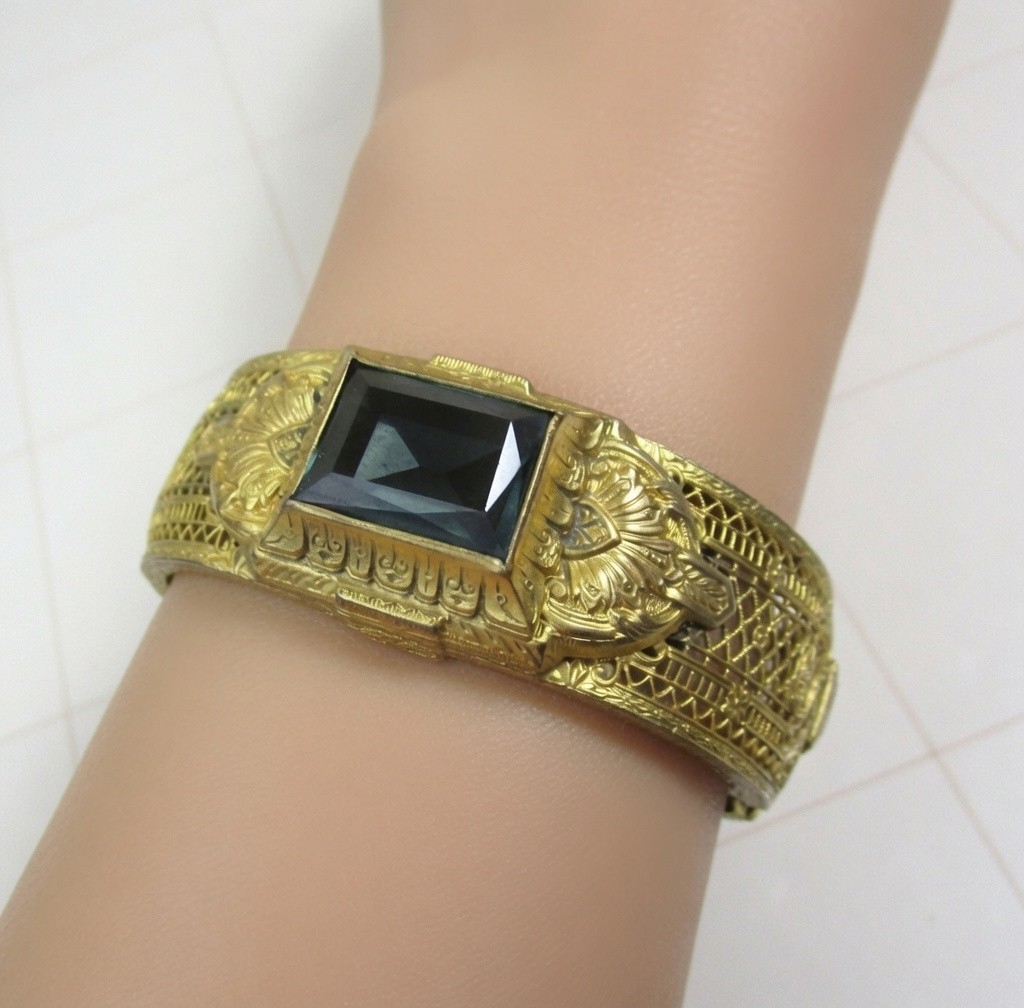 Antique Art Deco Gold Plated Filigree Bangle Bracelet Blue Stone ENW Elgin Watch