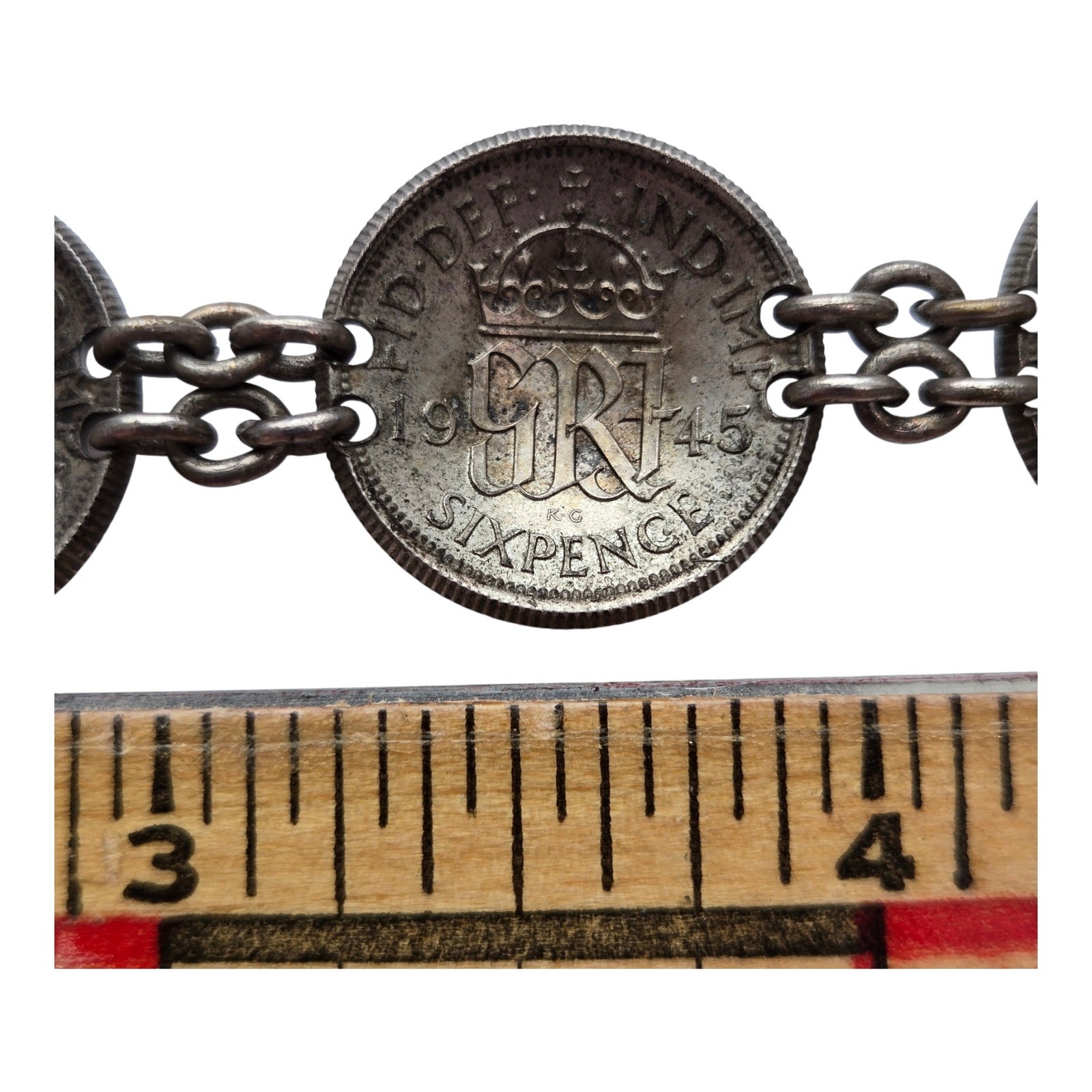 Vintage 1945 British Sixpence Coin Bracelet King George VI WWII Era 7.5 Inch