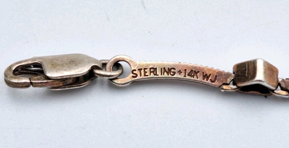 VTG STERLING SILVER & 14K WJ Signed TwoTone Puffy Heart Bar Link Dainty Bracelet