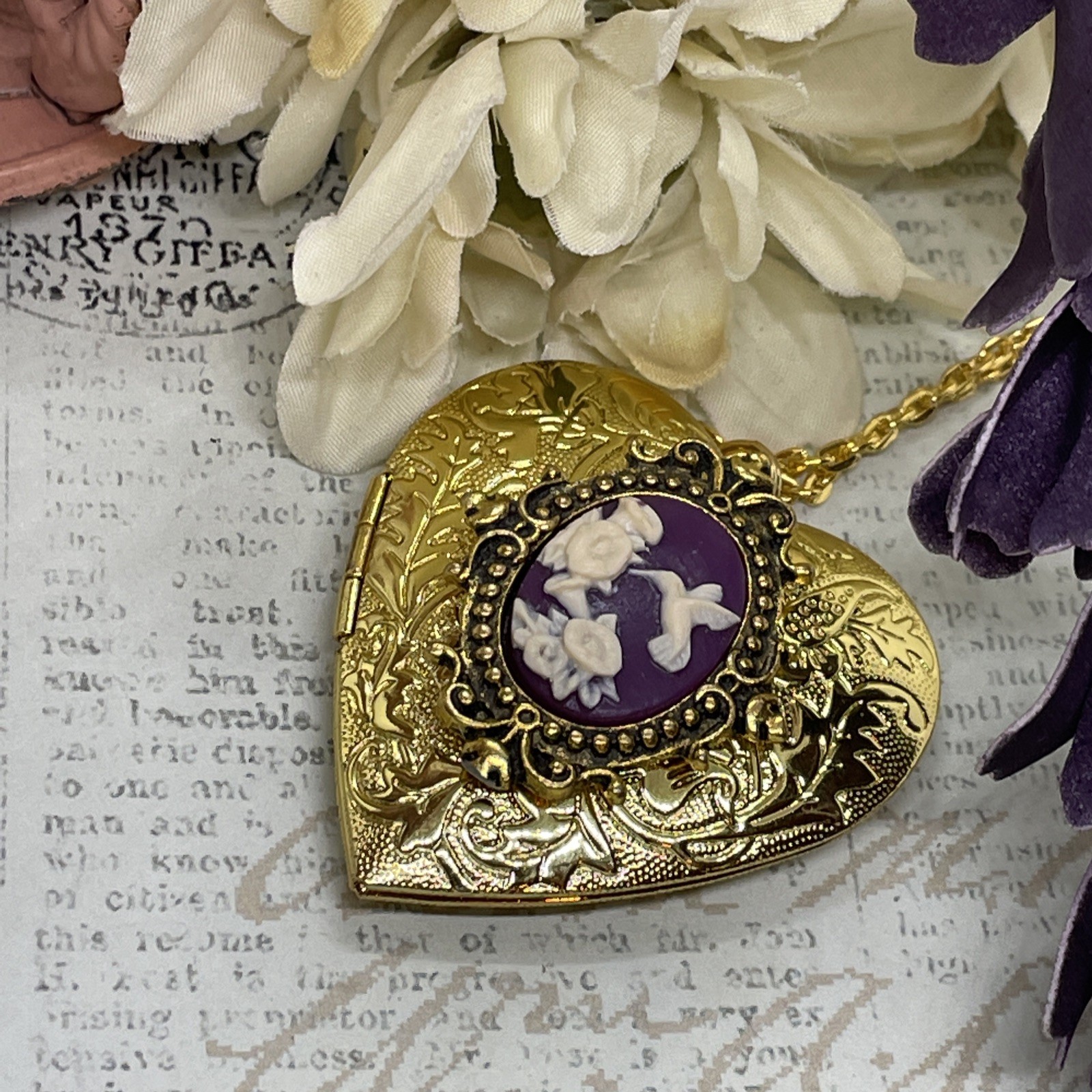 Gold Heart Locket Photo Birthday Anniversary Wedding Hummingbird Bird Necklace