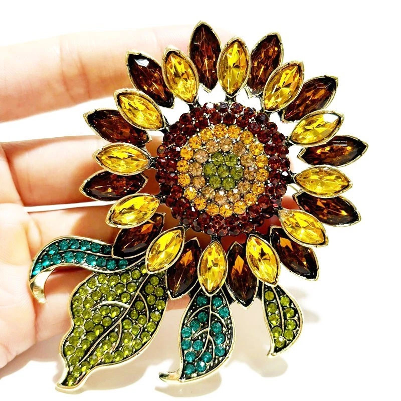 Gold Tone Vintage Brown Rhinestones Crystal Sunflower Flower Woman’ Brooch Pin