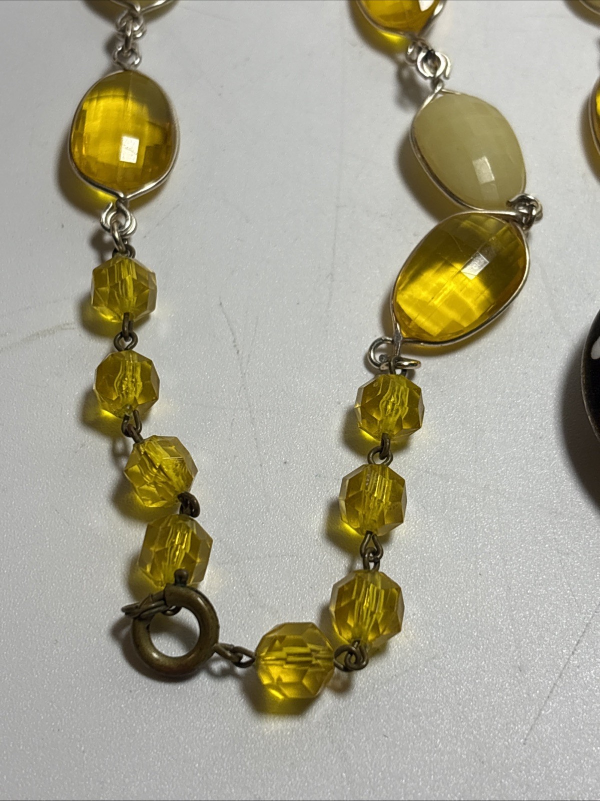 Vintage Cloisonne Pendant With Faux Yellow Plastic Gem Necklace 29″ Long