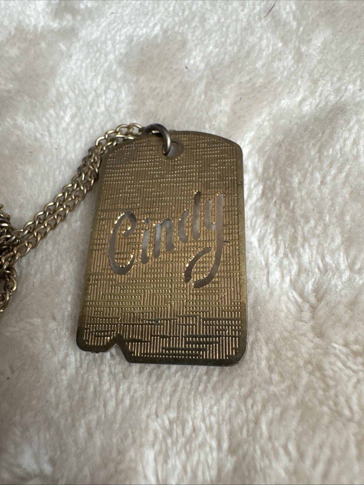 Vintage Dog Tag Necklace Gold Tone Cindy Nameplate 9” Chain Link A.J.R. Co.