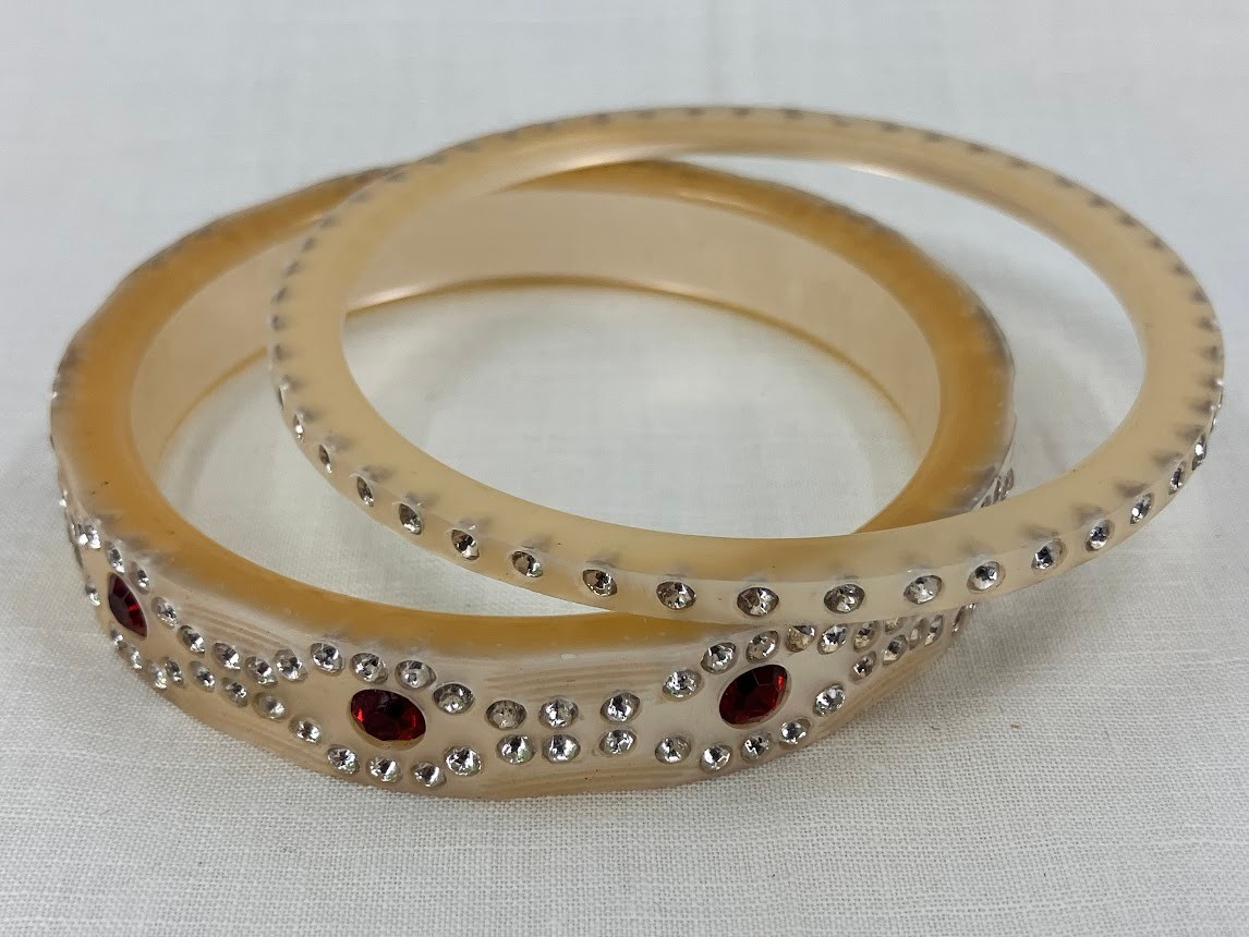 Vintage Celluloid Rhinestone Bracelet Art Deco Cream Red Bangles Stackable Set