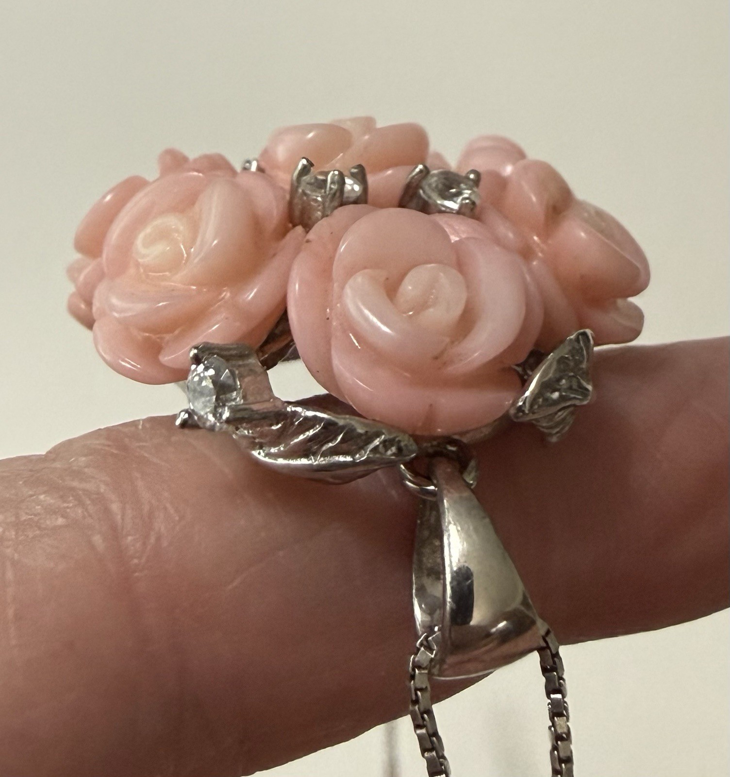 1990s Sterling Silver Angel Skin Coral Roses White Topaz Necklace Ring Sz 9 Set