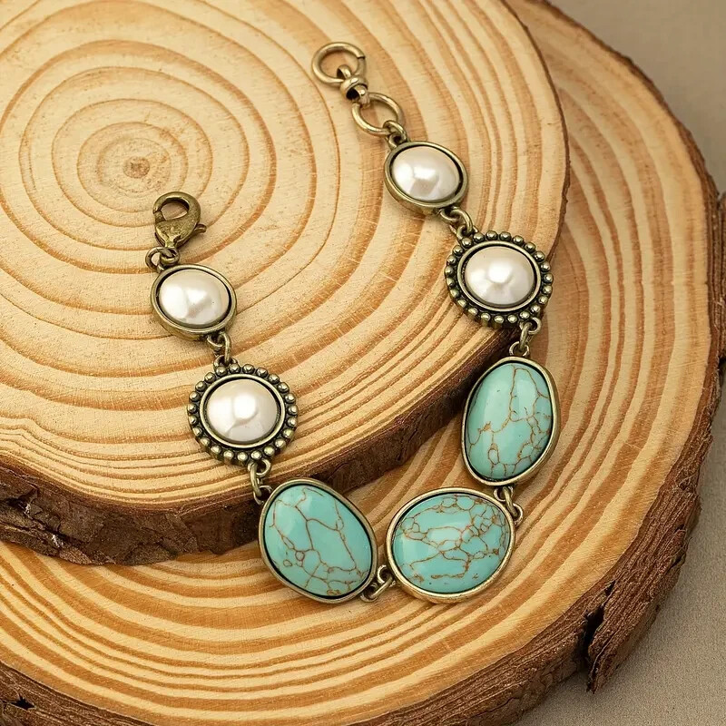 Vibrant Turquoise & Faux Pearl Bohemian Style Zinc Alloy Statement Bracelet Faux