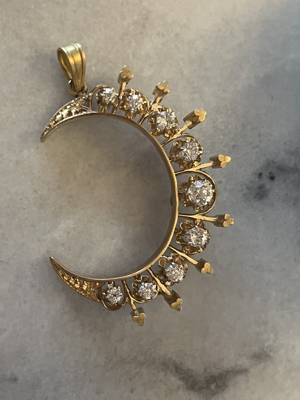Spectacular Antique 14k Yellow Gold Diamond Crescent Moon Pendant 1920s
