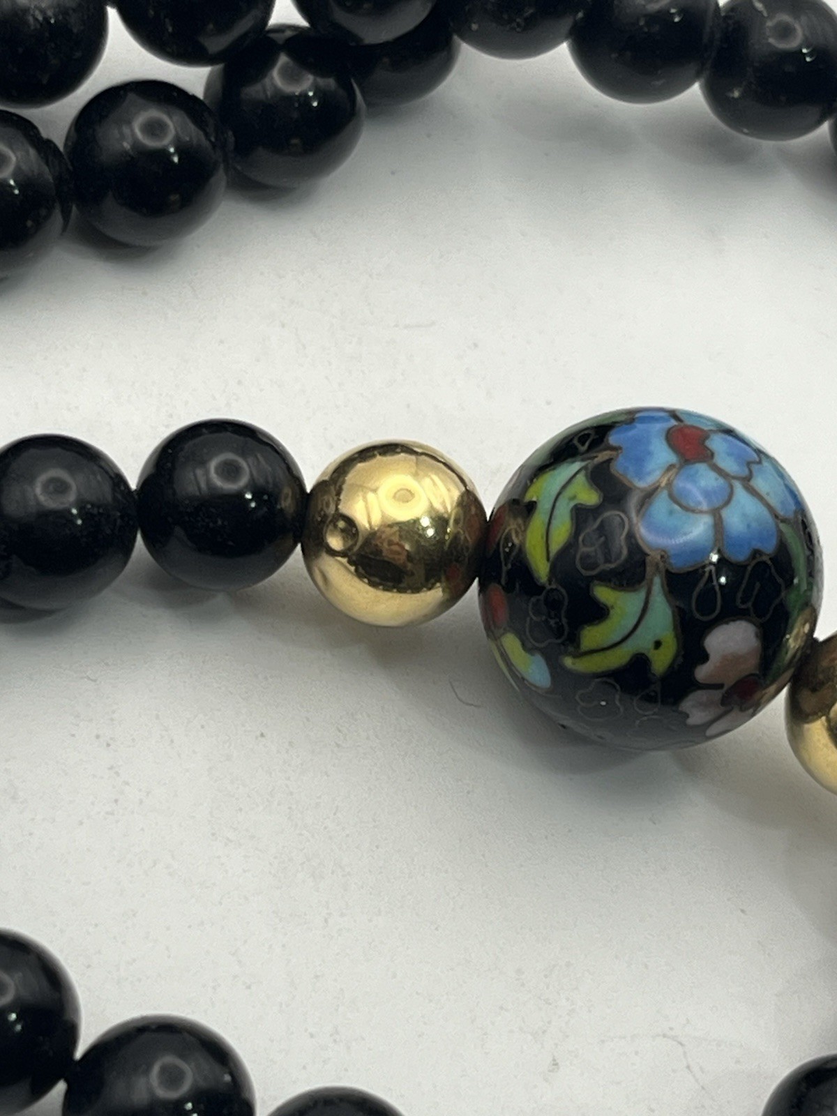 Gold filled Chinese cloisonné flower beaded black vintage necklace
