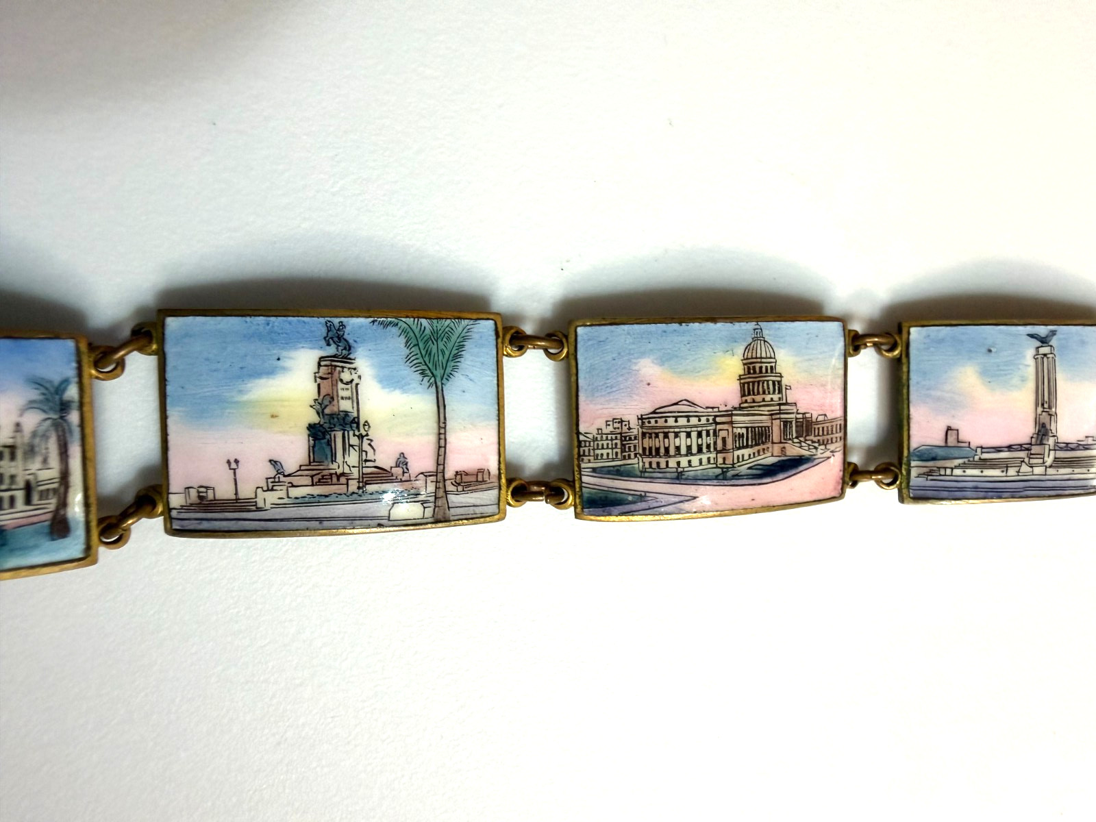 Vintage Havana Cuba Enamel Souvenir Travel Bracelet Panel Links Mid-Century