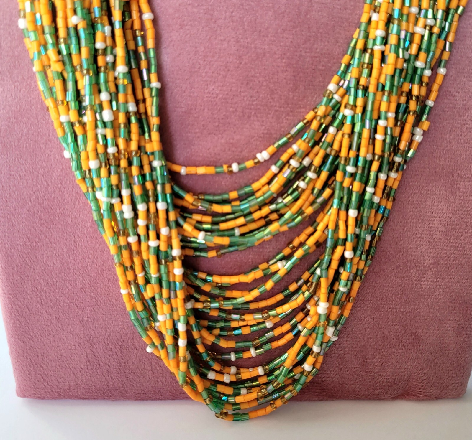 Vtg Orange Green Multistrand Boho Seed Bead Necklace & Earrings Set