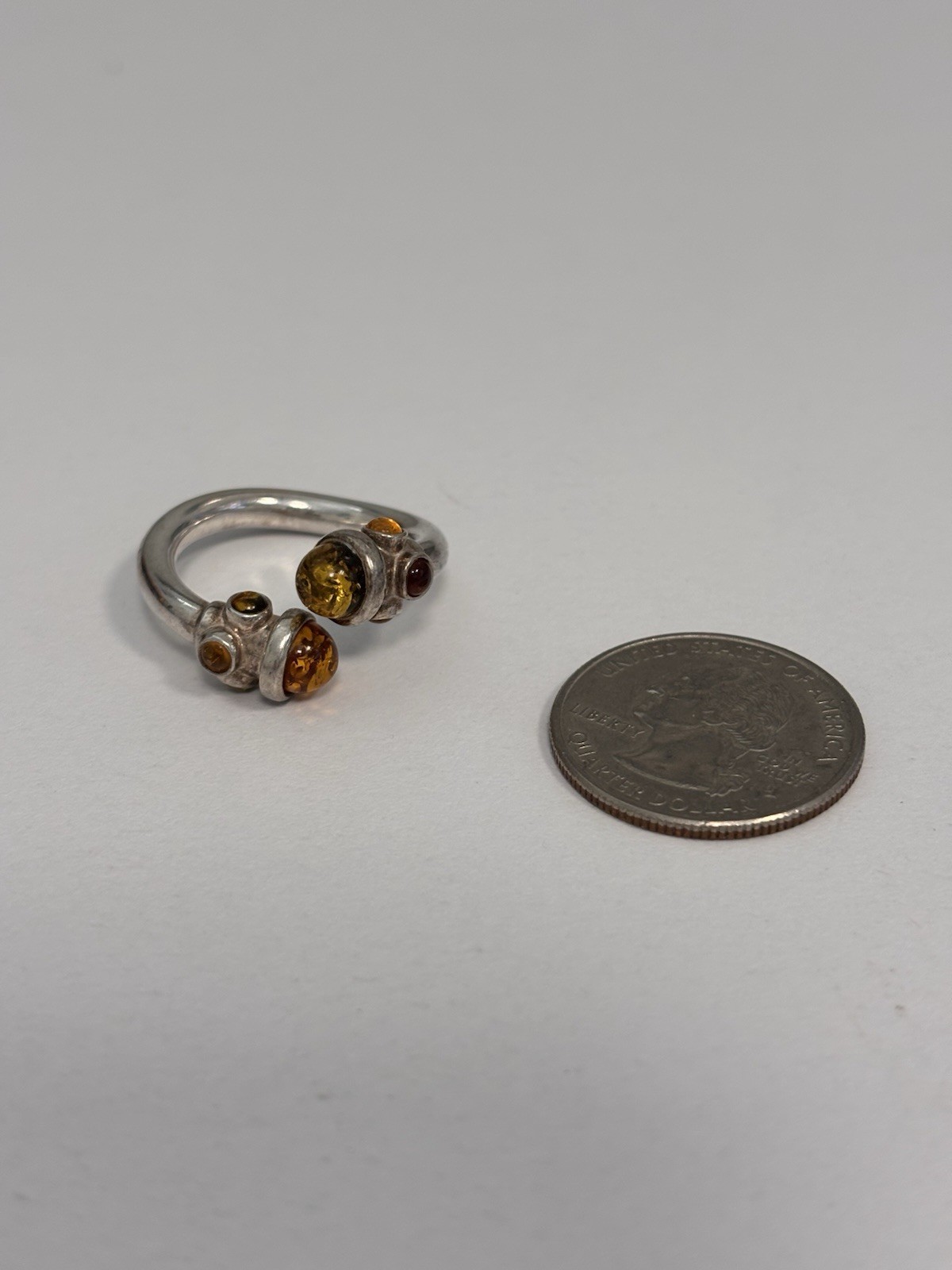 Vintage 925 Sterling Silver Baltic Amber Bypass Ring, Size 9