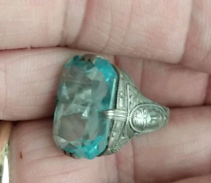 Antique Art Deco Sterling Silver Ring Czech blue Glass Size 5 1/2