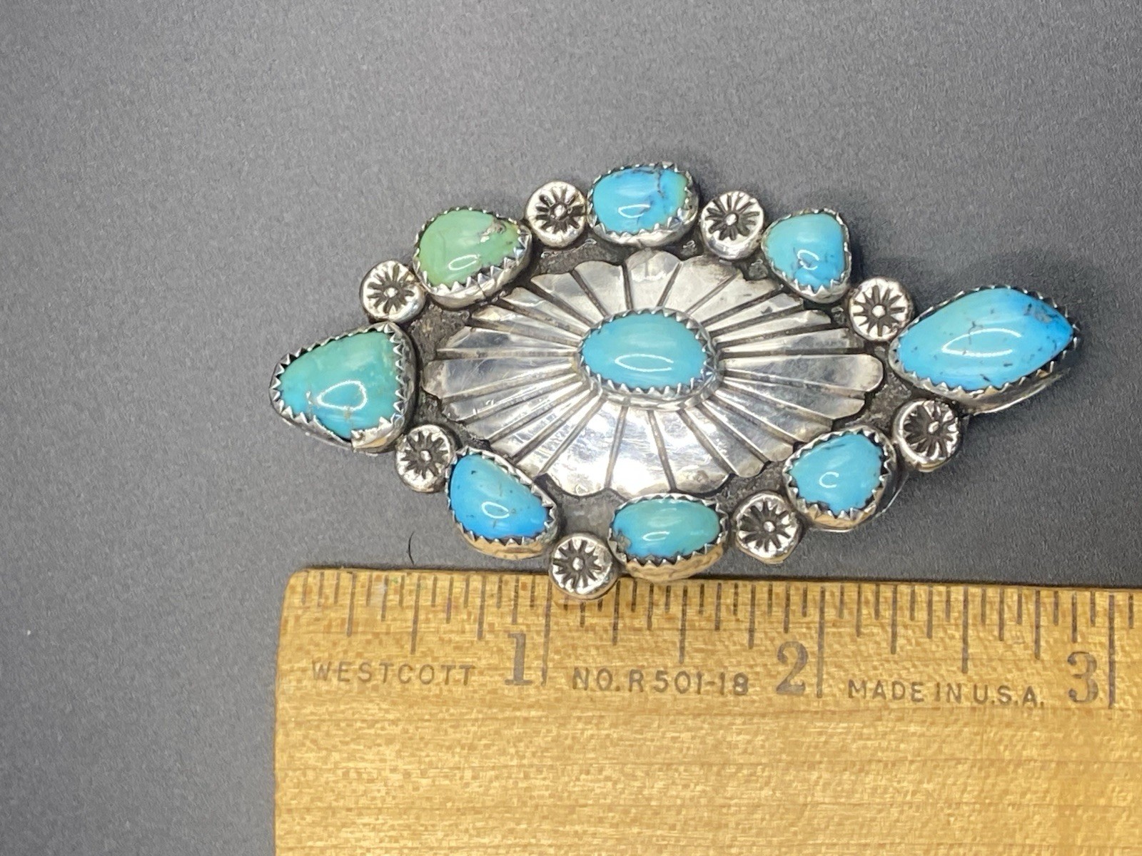 Early 1900’s Navajo Signed Silver Oval Turquoise Cluster Brooch Pin, 2.25 “