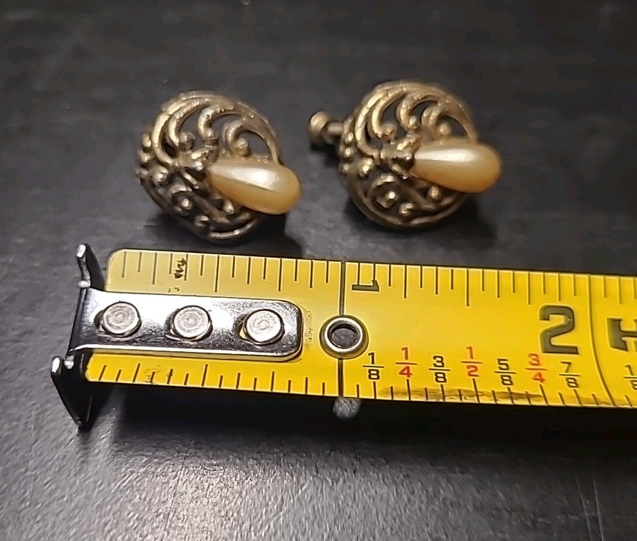 Vintage 1940s Little Nemo Clip On Earrings Faux Pearls Brass Tone