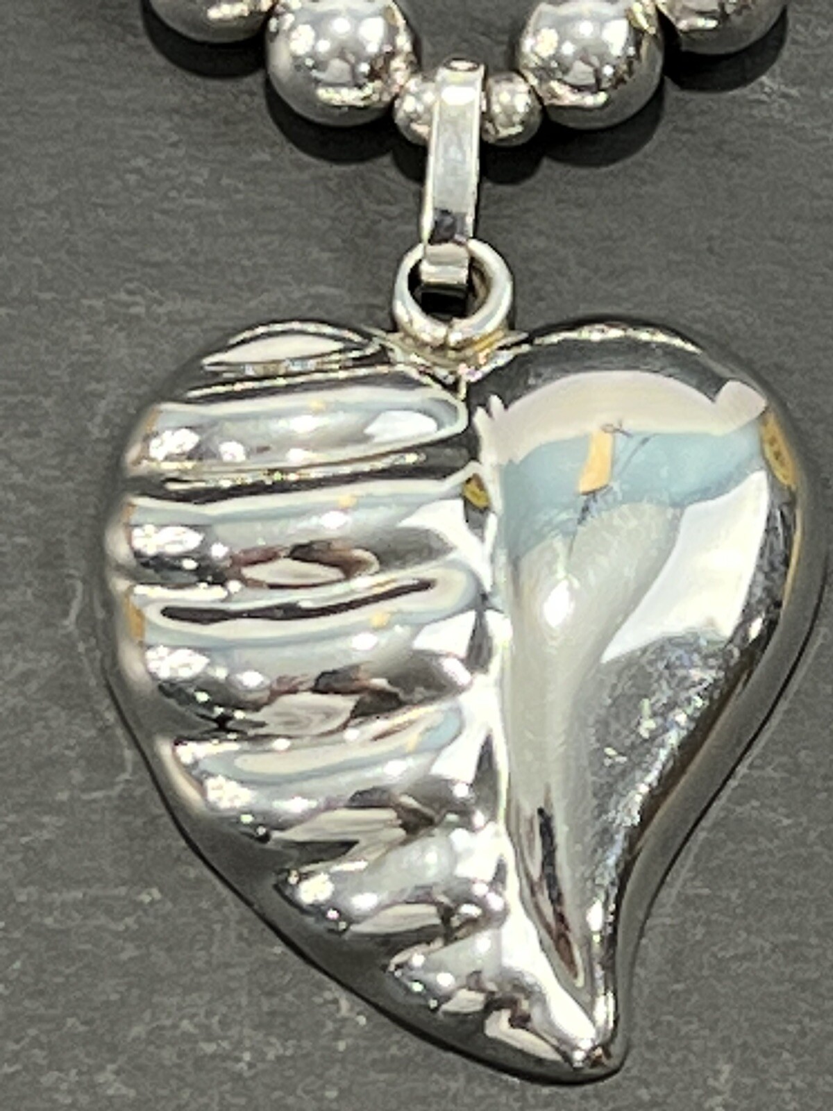 Sterling Silver Ball Bead Chain Necklace W Heart Pendant , Taxco 8mm 20” 32g
