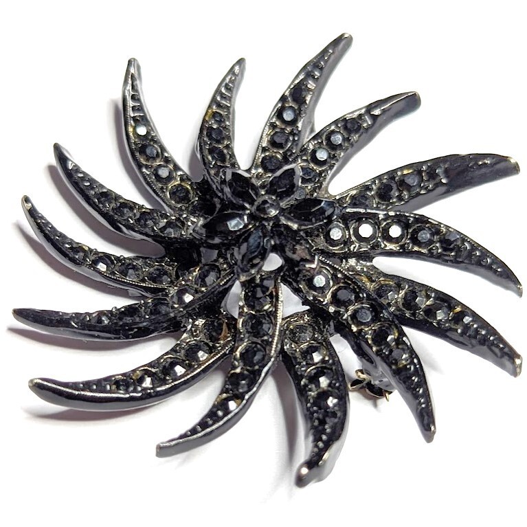 Vintage Mourning Brooch Black Rhinestone Japanned Pinwheel Signed Unreadable