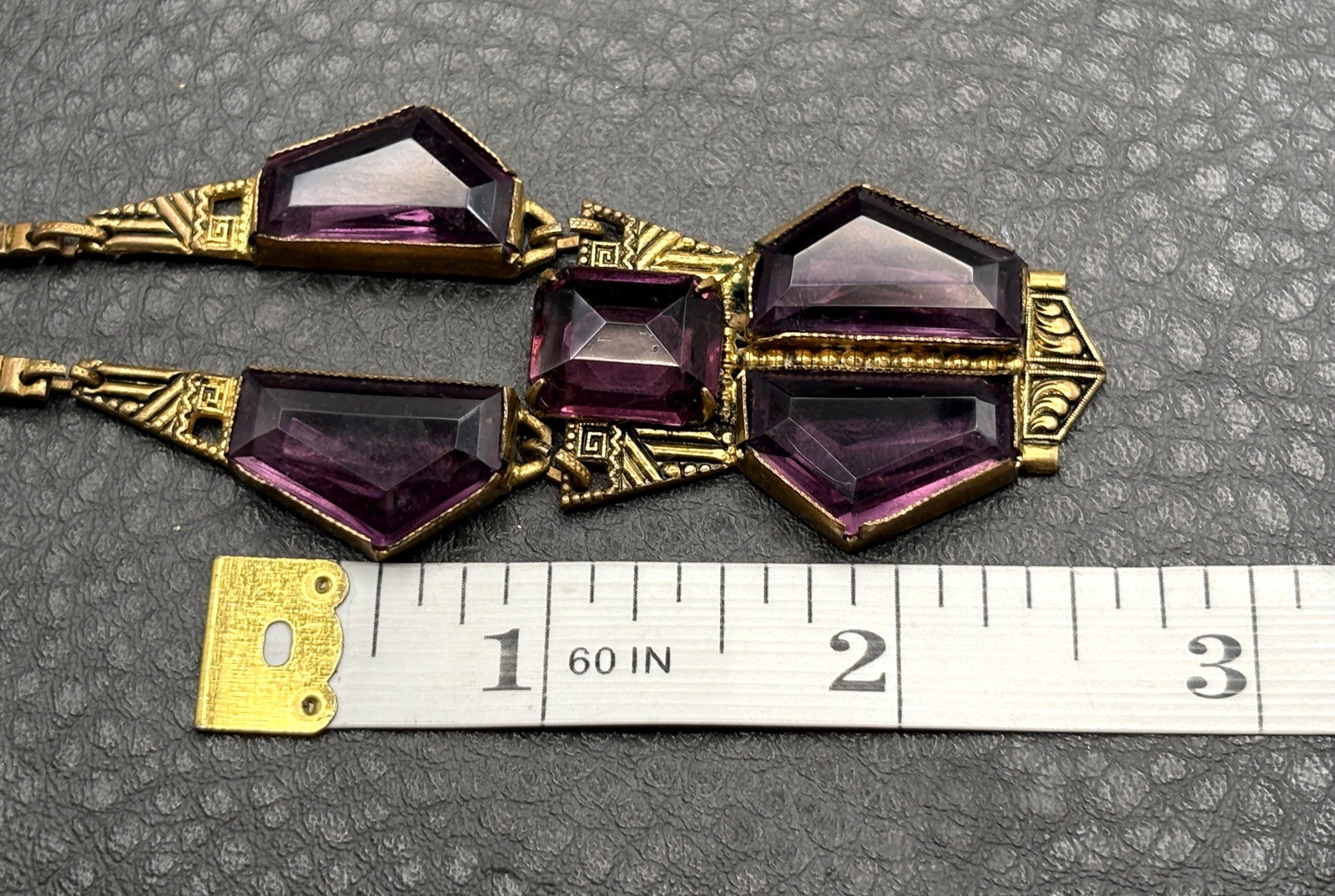 Vintage Art Deco Faux Amethyst Glass Gold Tone Ornate Chain Statement Necklace