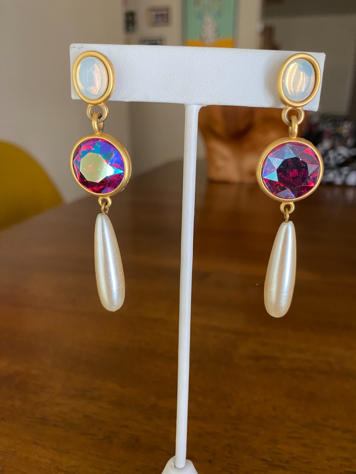 Vintage Mixed Media Dangle Earrings Opaline Glass Red AB Rhinestone Faux Pearl