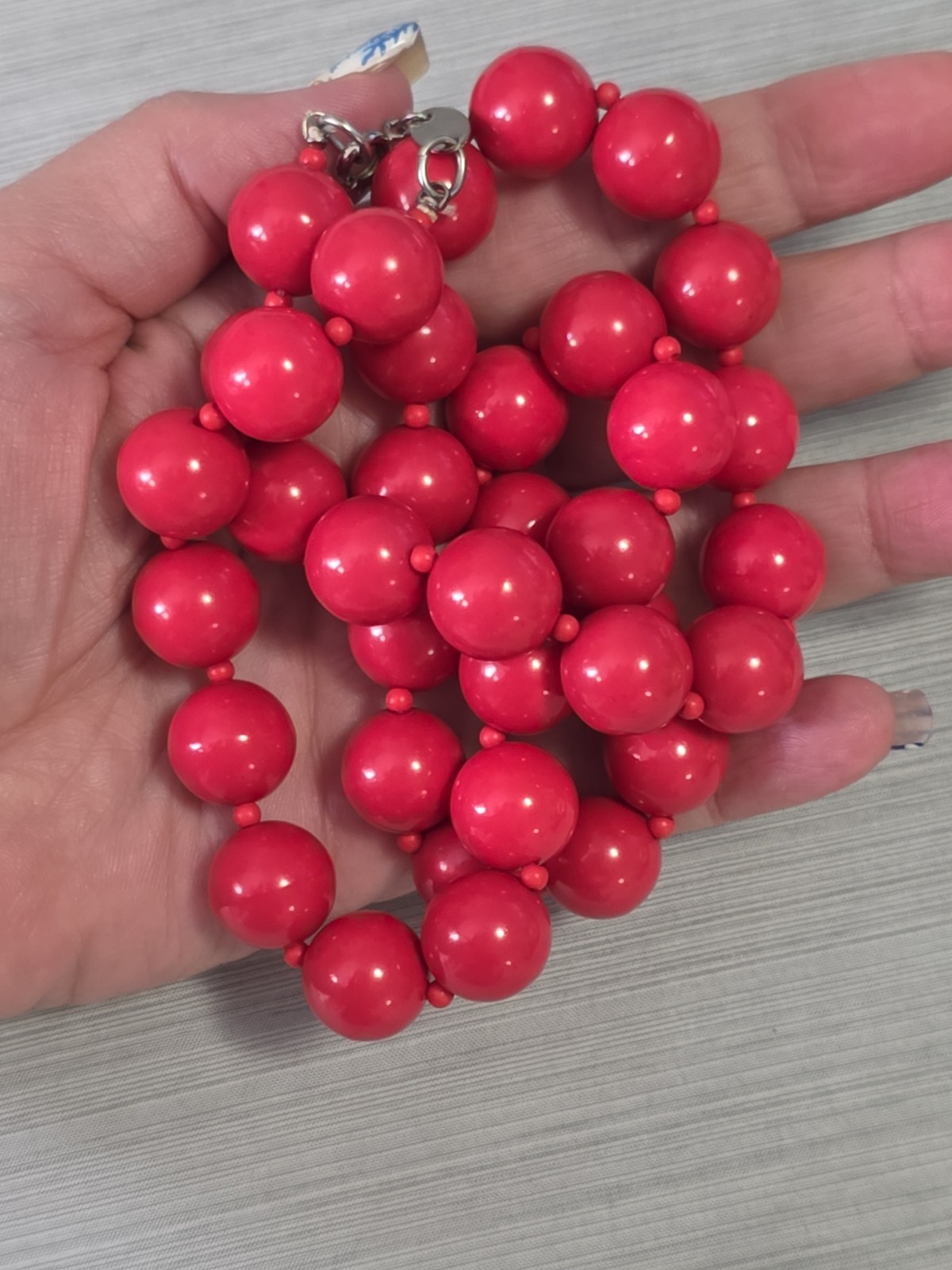 Vintage Joan’s Collectables Signed Necklace Round Red Acrylic Resin Beads Retro
