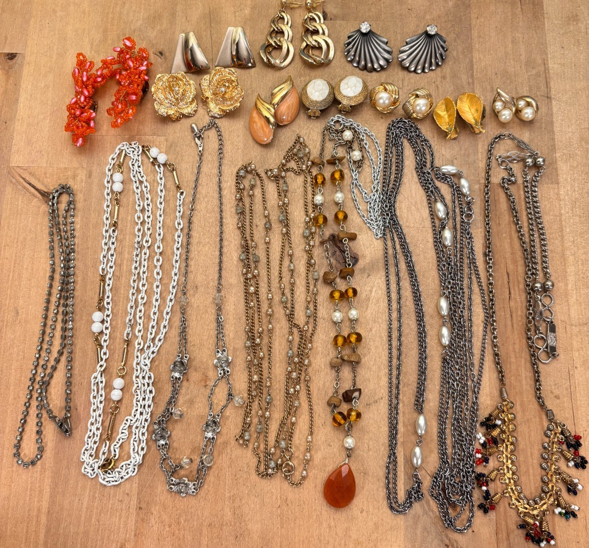 Large Lot of Costume Jewelry, Chains and Fringe Necklace, 10 Pairs Earrings