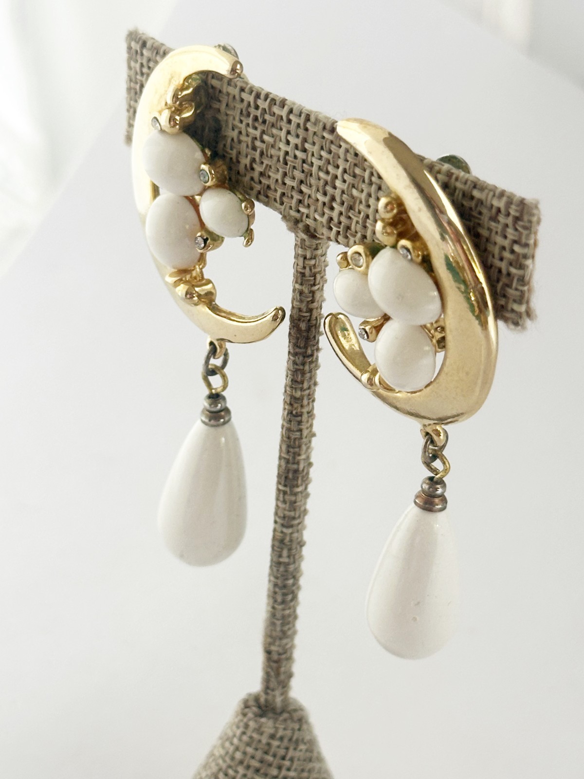 Vintage Crescent Moon Dangle Earrings White Cabochon Gold Tone Clip On Celestial
