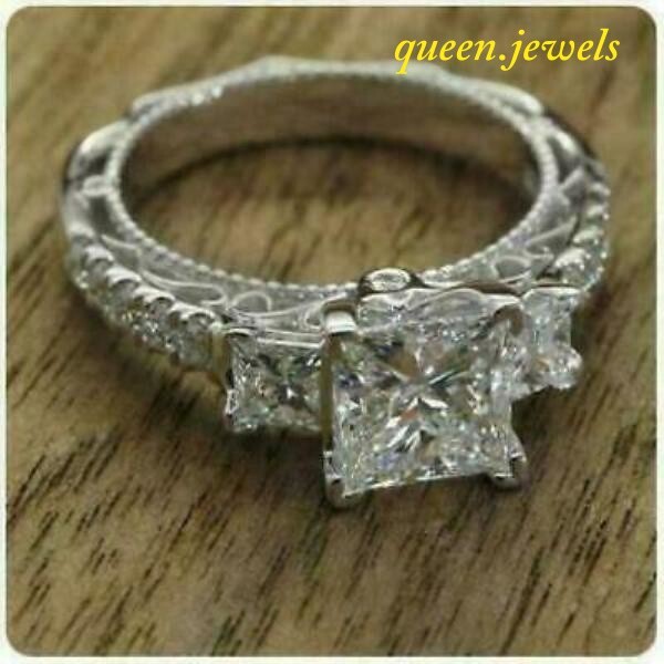 Lab Created 2.55CT Princess Cut Diamond Vintage 3-Stone Ring 14K White Gold Over