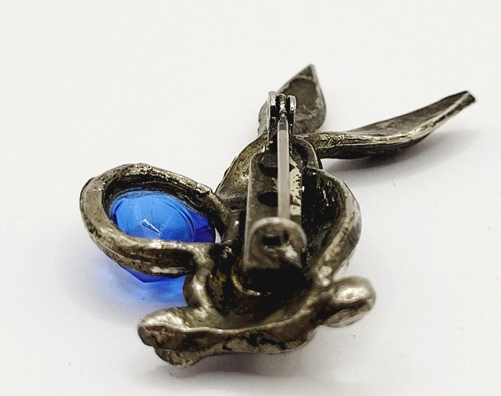 Rabbit Bunny Holding Blue Faceted Egg Silver Tone Vintage Brooch Pin Distressed