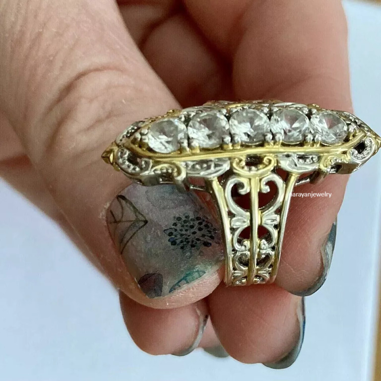 Navette Vintage 1.50Ct Round Cut Diamonds CZ Barr Ring 14K Two Tone Gold Finish