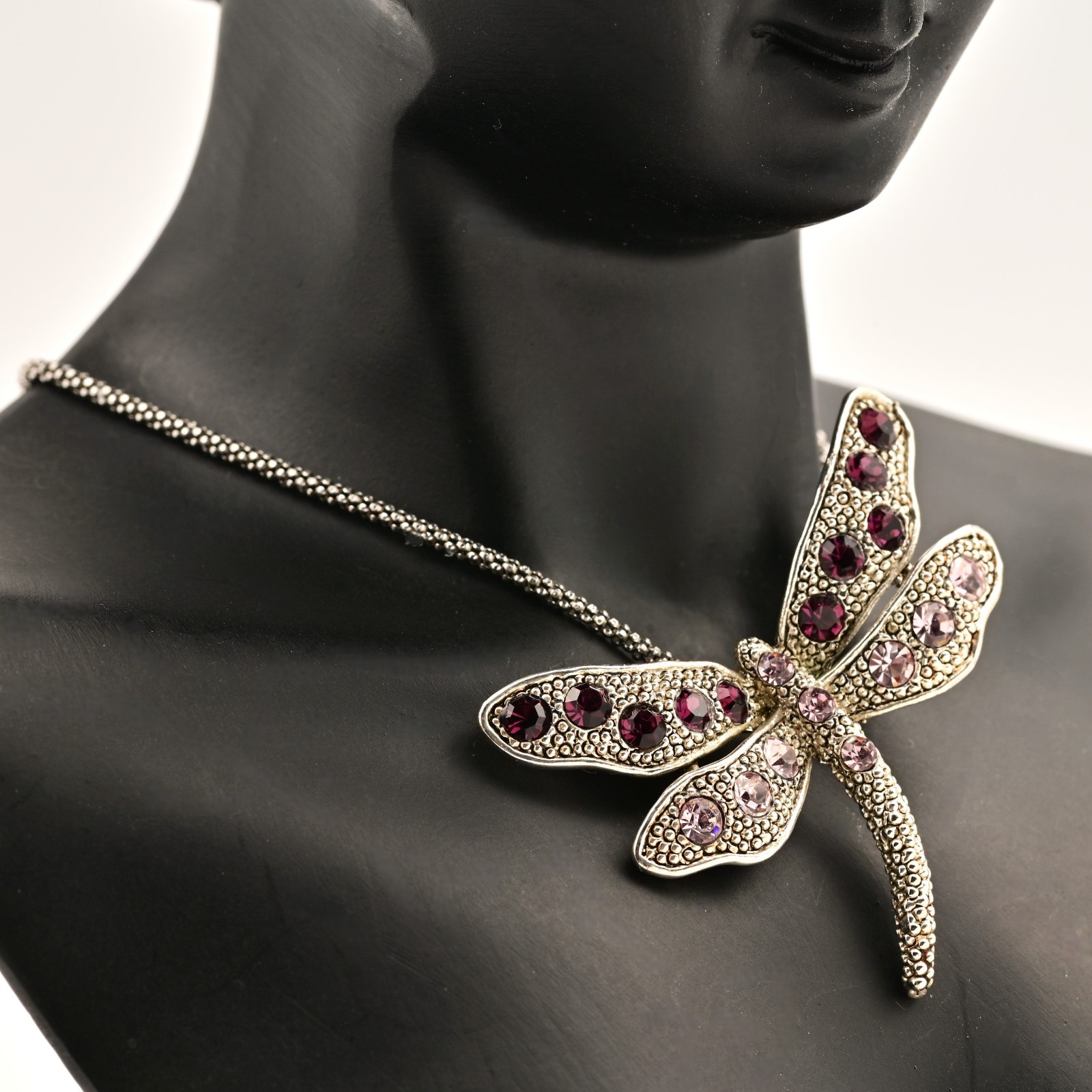 Vintage Original Sterling Silver Pink Gemstone Dragonfly Pendant Estate Necklace