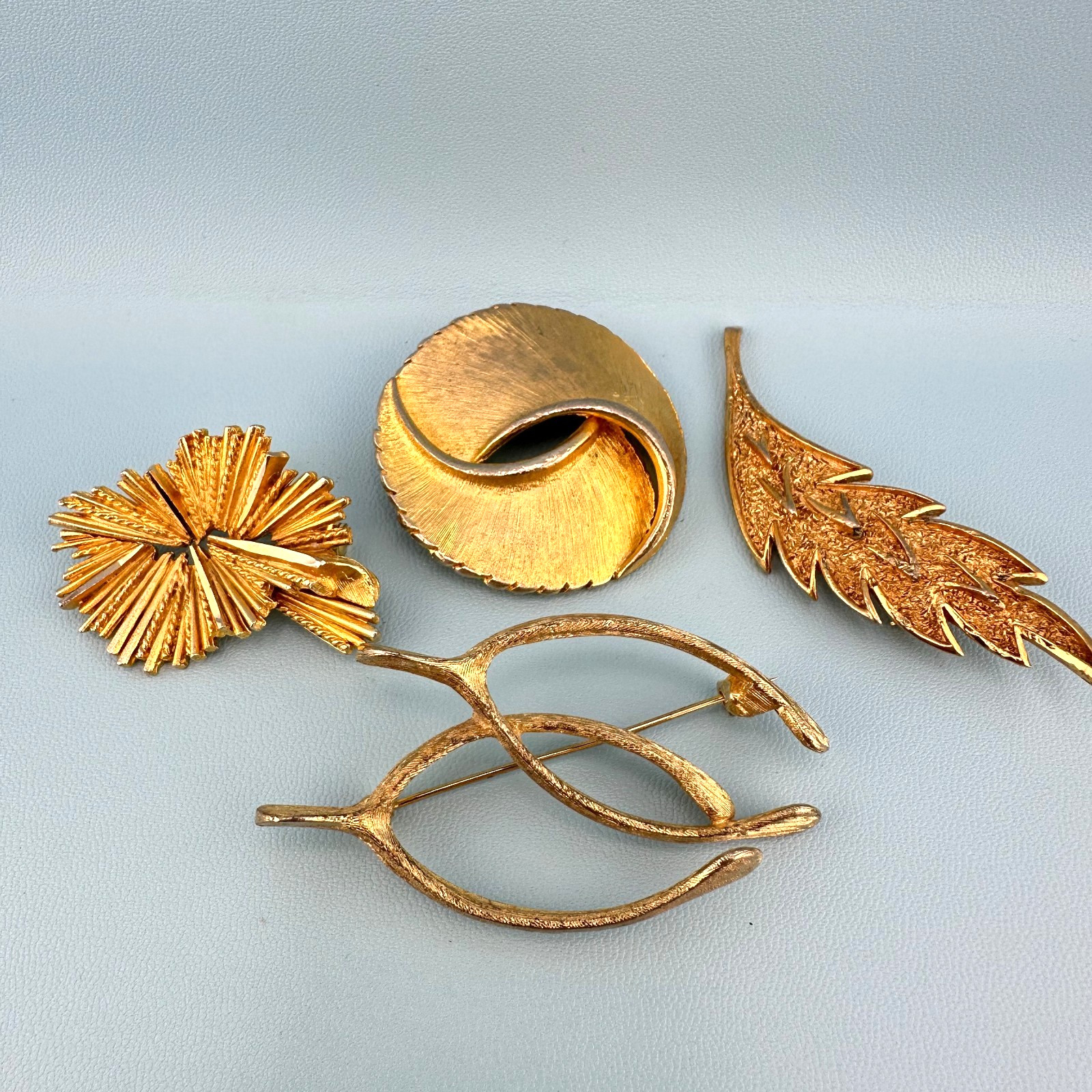 Vintage Designer Brooch Lot Gold Tone Textured Brushed Leaf Wishbone Signed
