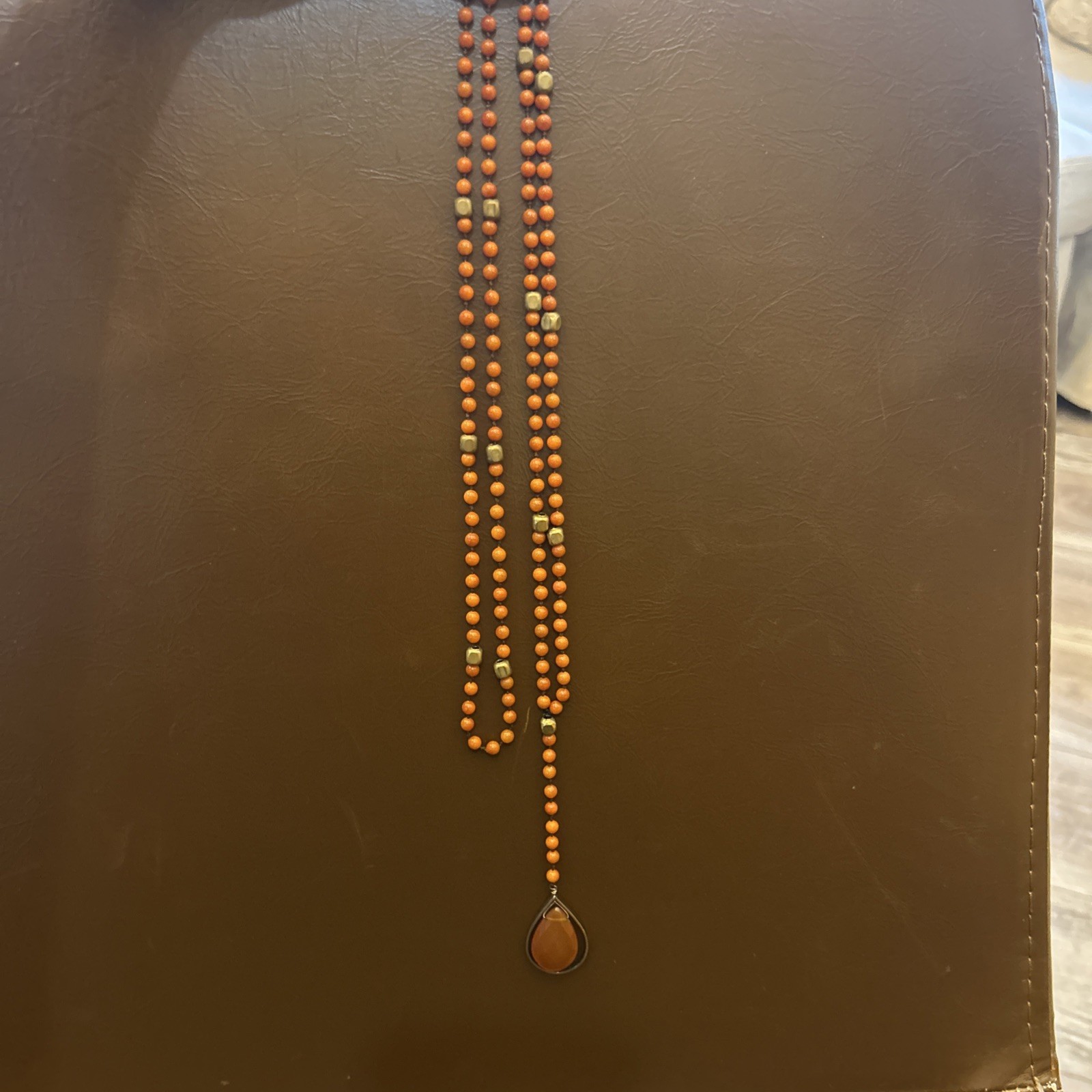 Antique Reddish Orange Coral Small Beaded w/0range Onxy Necklace 25in