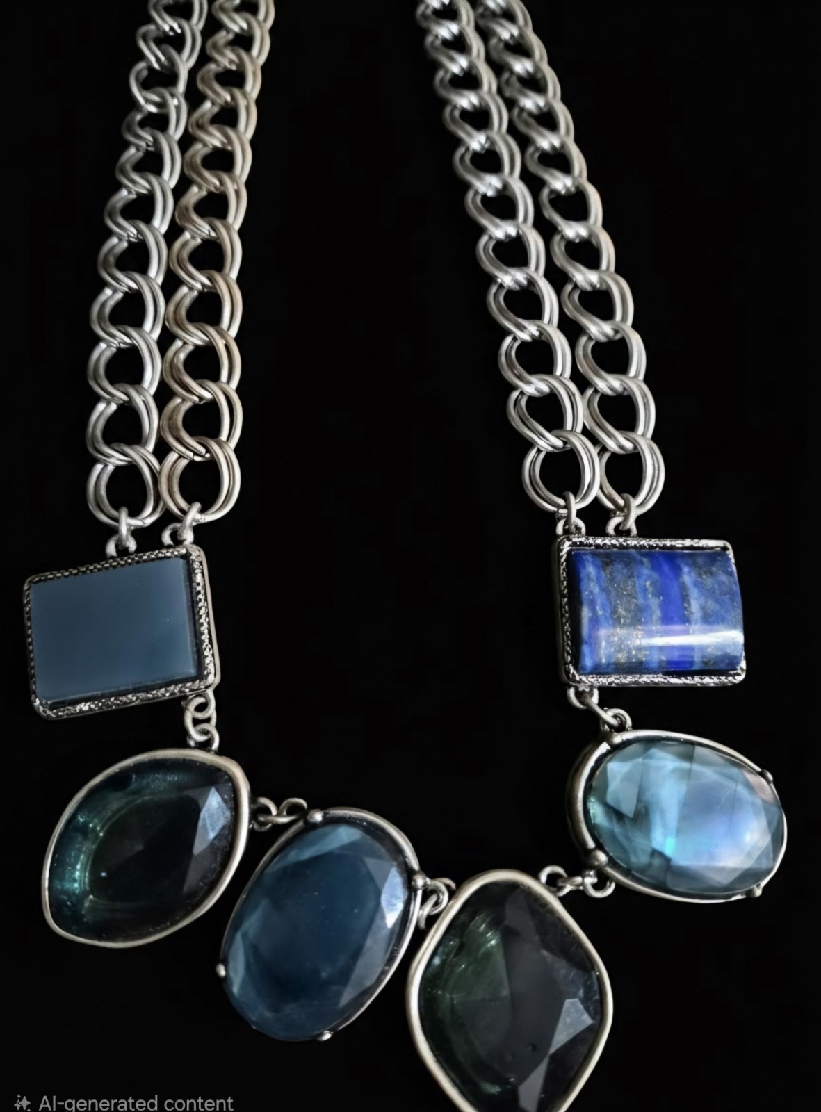 Chico’s Signed Blue Statement Necklace Chunky Silver Multi Strand Vintage 18″-21