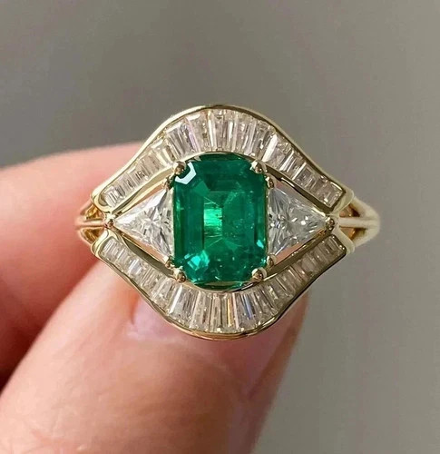 Art Deco Style Emerald Lab Created Diamond 14K Yellow Gold FN Engagement Ring