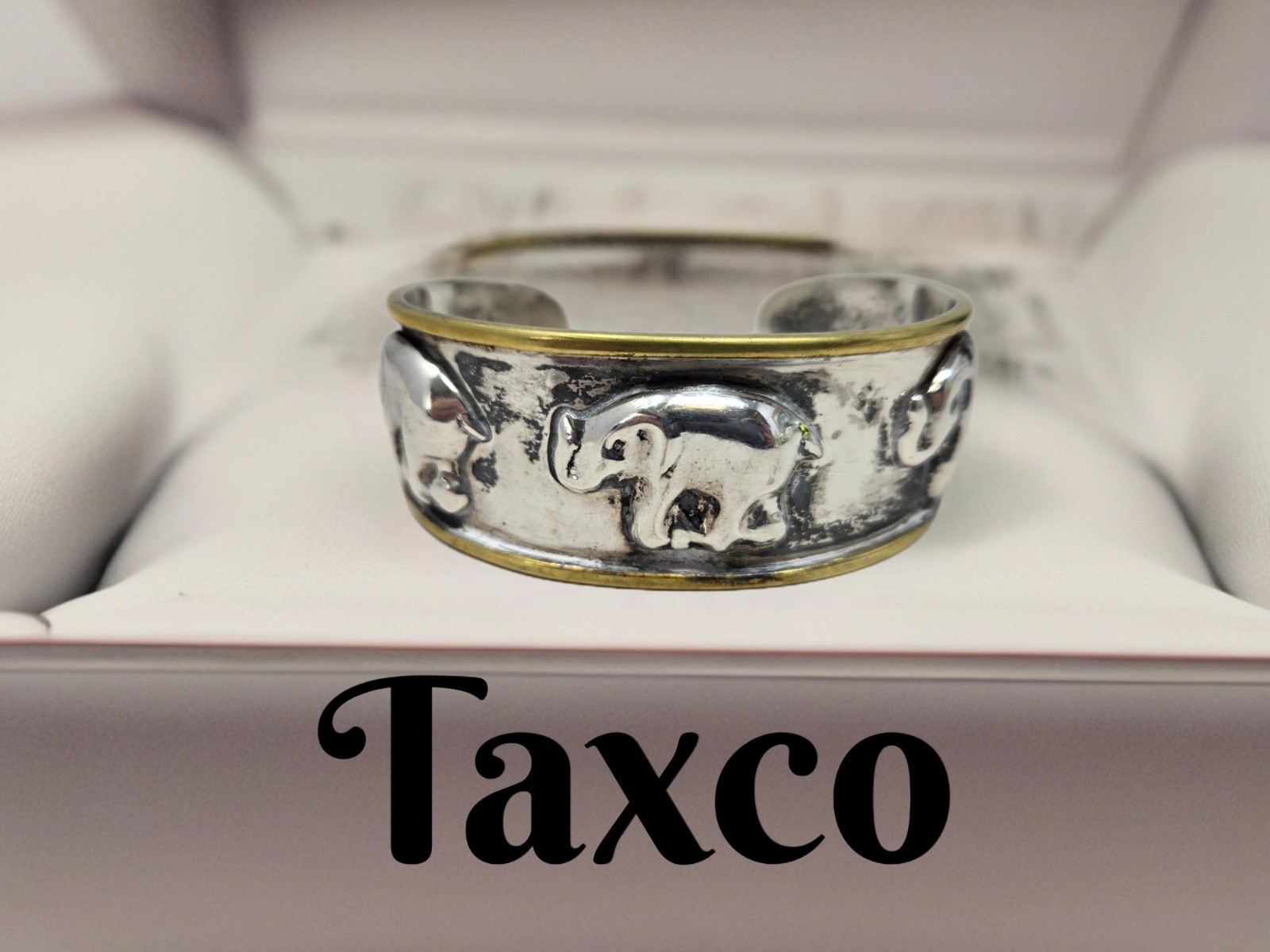 Taxco Sterling Silver Mexico Vintage 2 Tone Elephant Cuff Bracelet Good Luck 30G