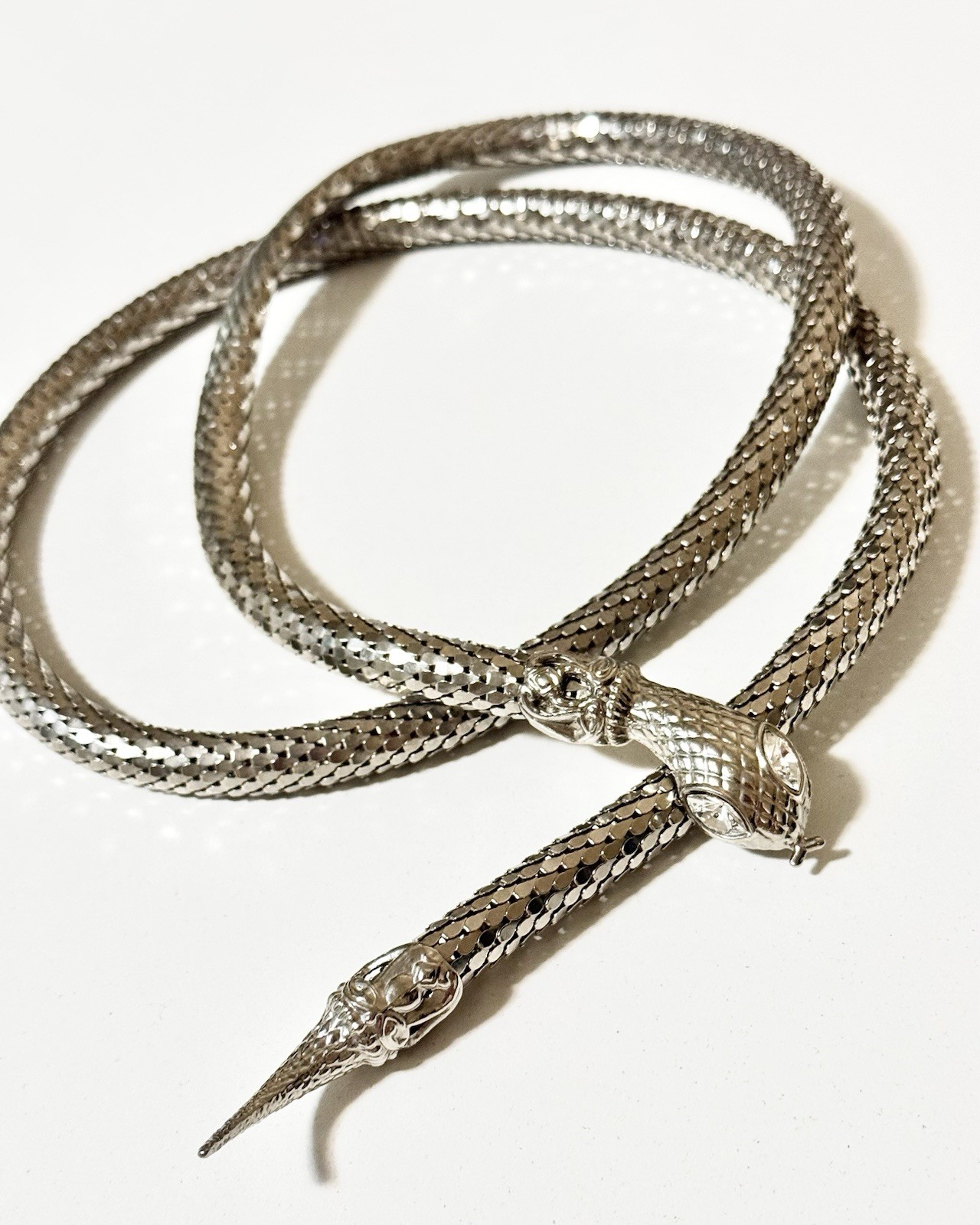 Vintage Silver Gunmetal Mesh Snake Belt Necklace Lariat Choker Crystal Eyes 40”
