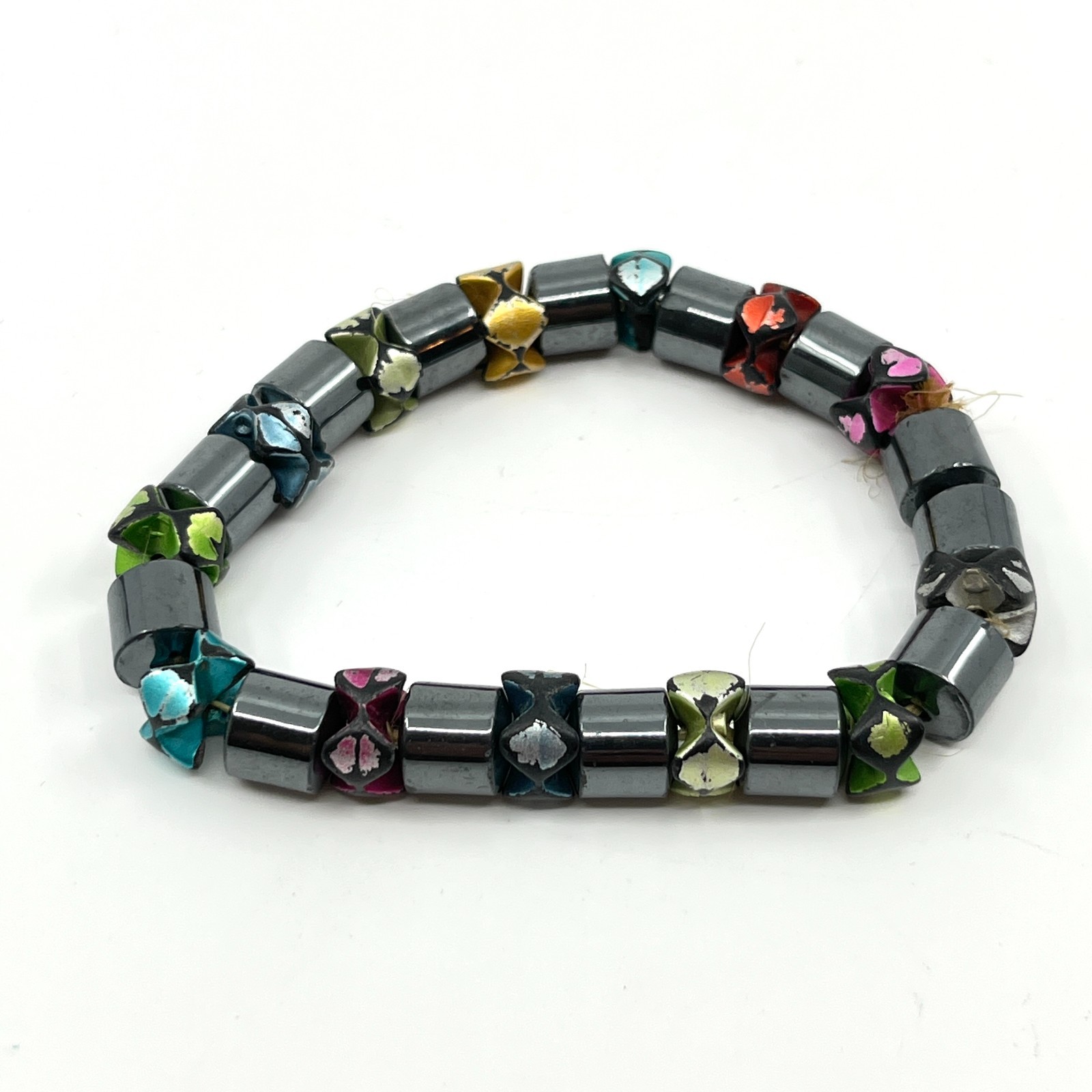 Vintage Retro Hematite Magnetic Stretch Bracelet Colorful Painted Accent Beads