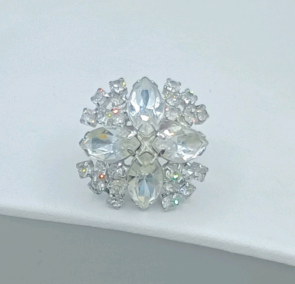 Vintage Rhinestone Cross Ring Adjustable Chunky Statement Clear Sparkle Glam